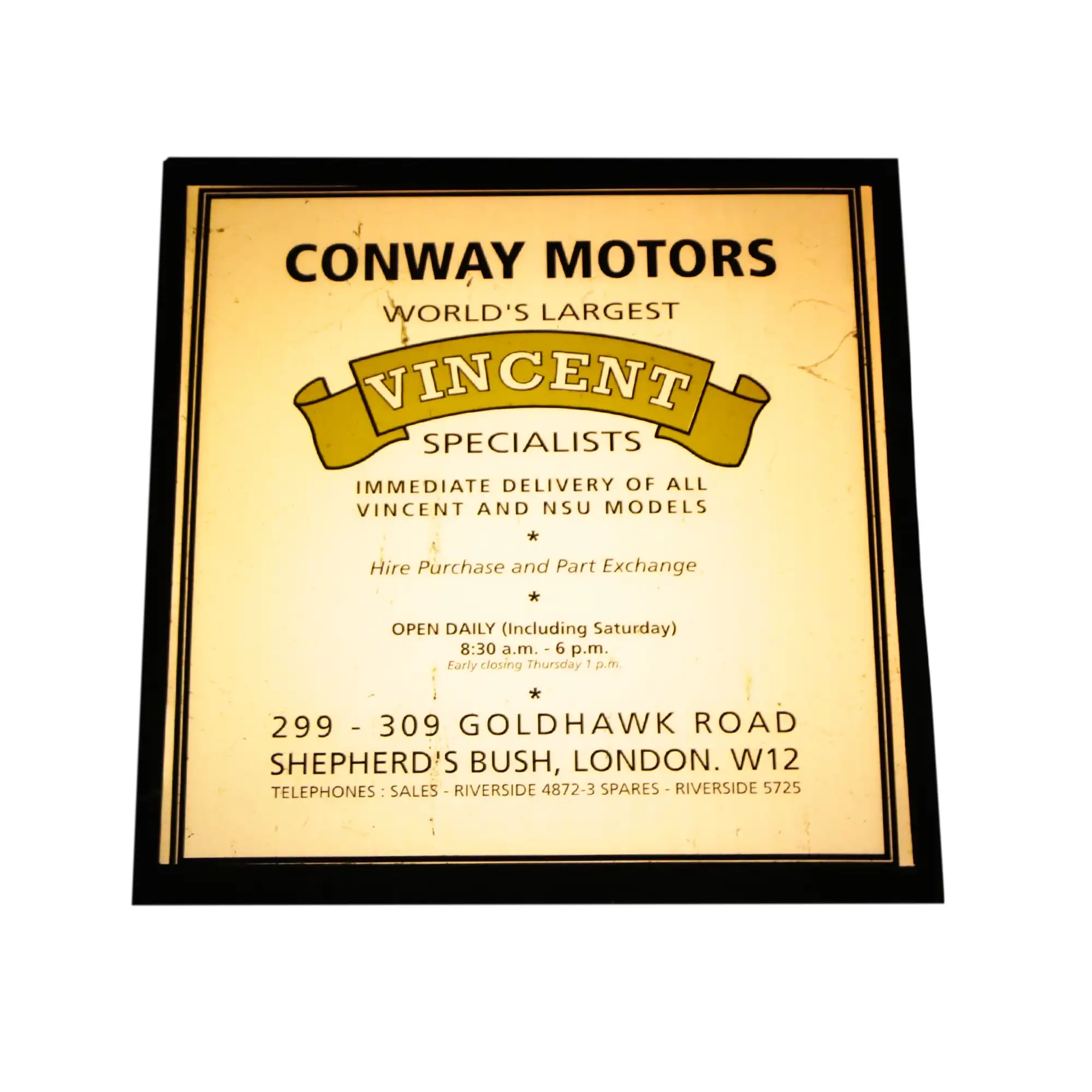 Conway Motors Vincent HRD Dealership Light Box Showroom Sign-For Sale