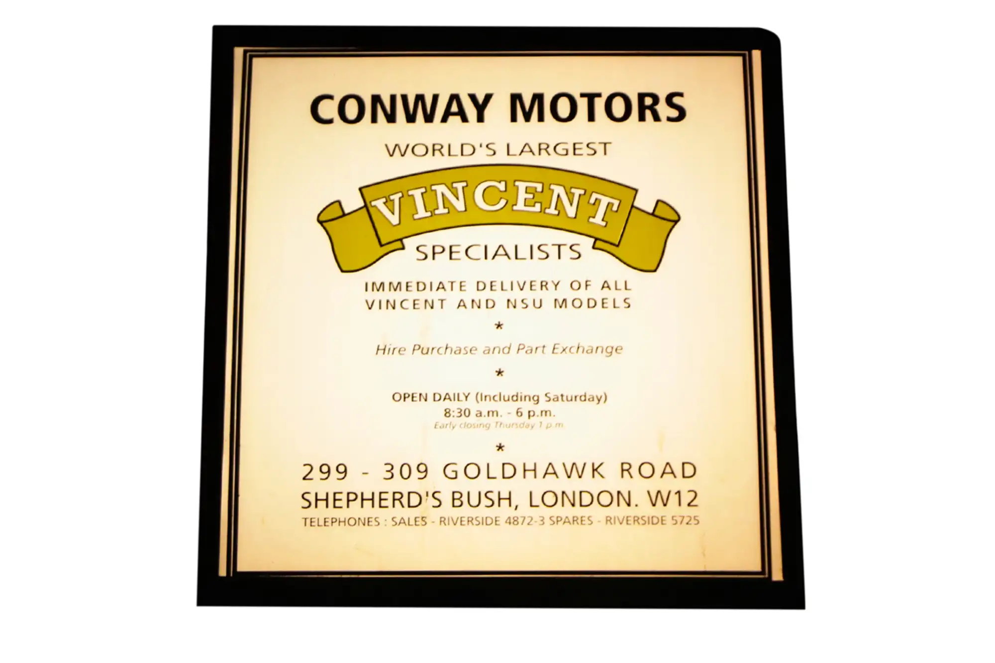 Conway Motors Vincent HRD Dealership Light Box Showroom Sign-For Sale