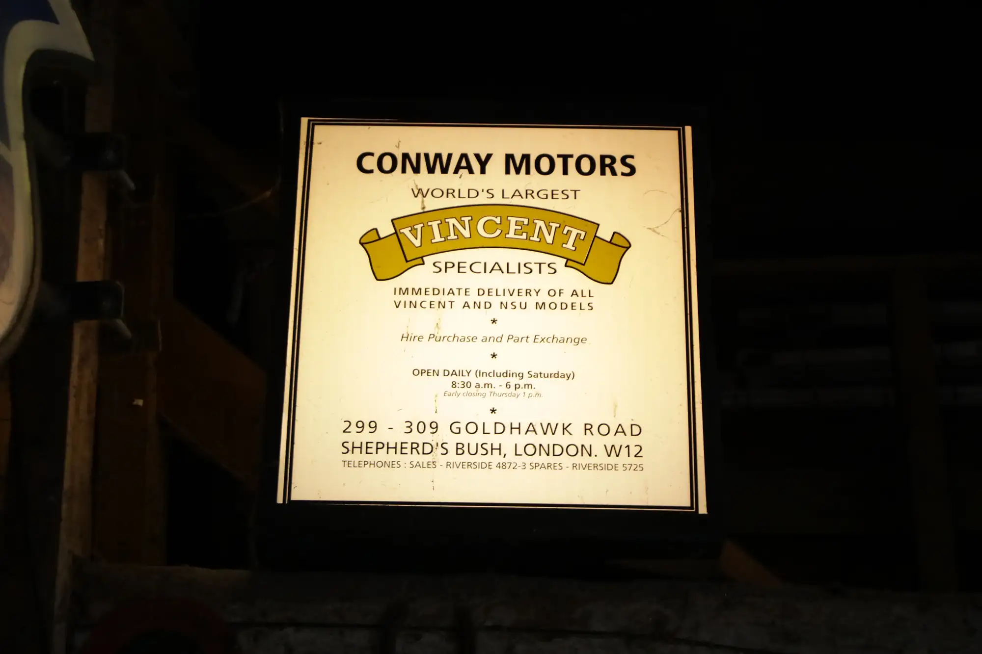 Conway Motors Vincent HRD Dealership Light Box Showroom Sign-For Sale