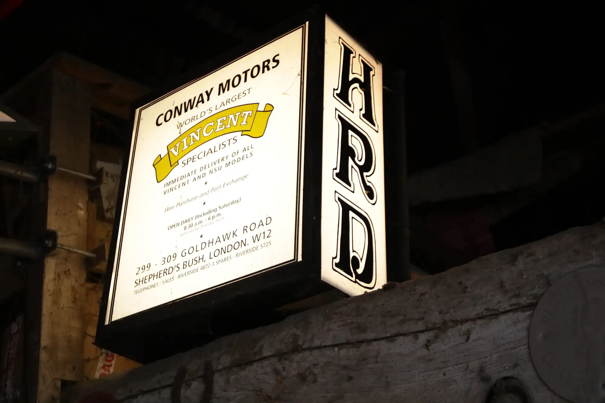 Conway Motors Vincent HRD Dealership Light Box Showroom Sign-For Sale