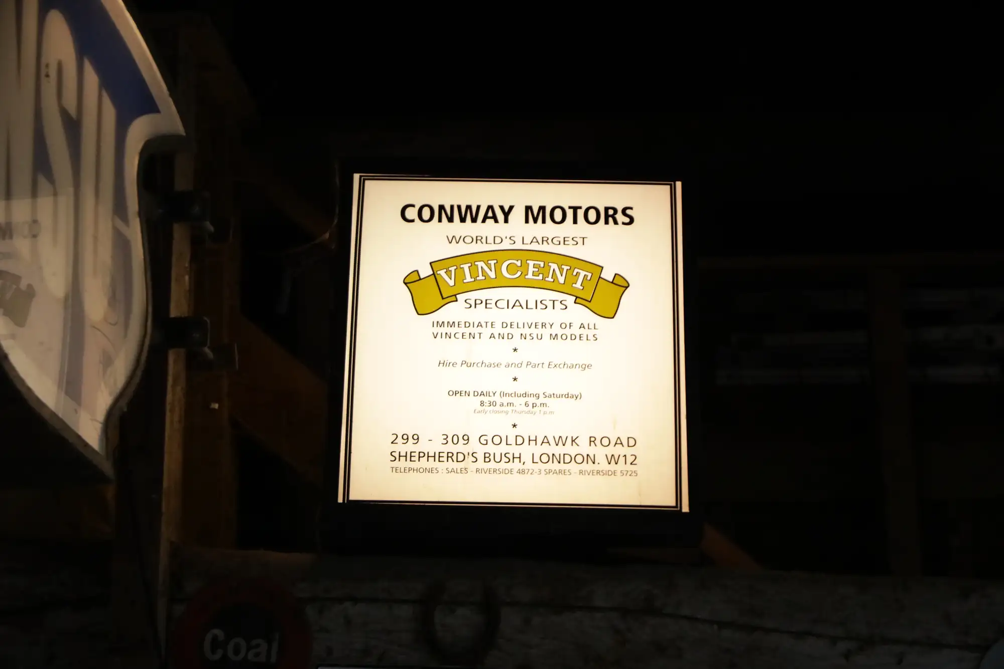 Conway Motors Vincent HRD Dealership Light Box Showroom Sign-For Sale