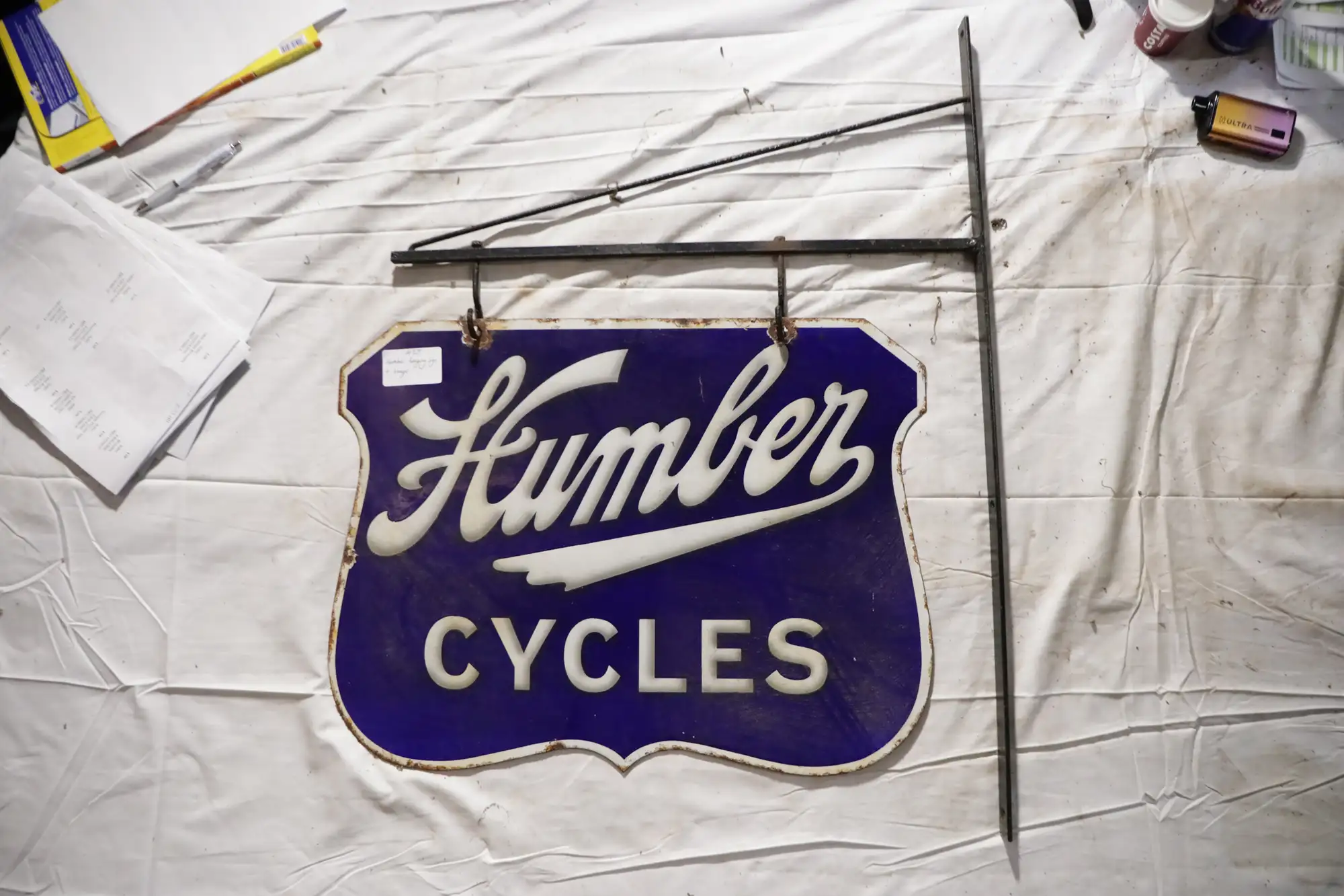 Humber Cycles Hanging Enamel Sign and Wall Hanging Bracket-For Sale