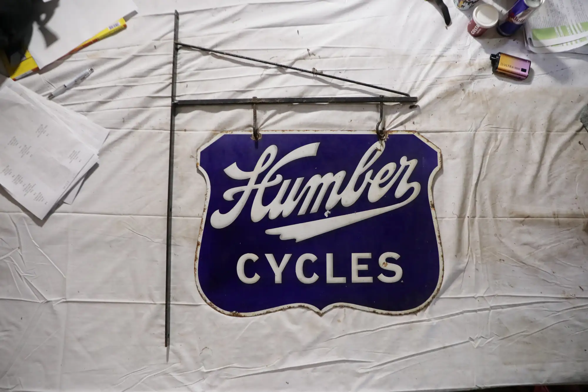 Humber Cycles Hanging Enamel Sign and Wall Hanging Bracket-For Sale