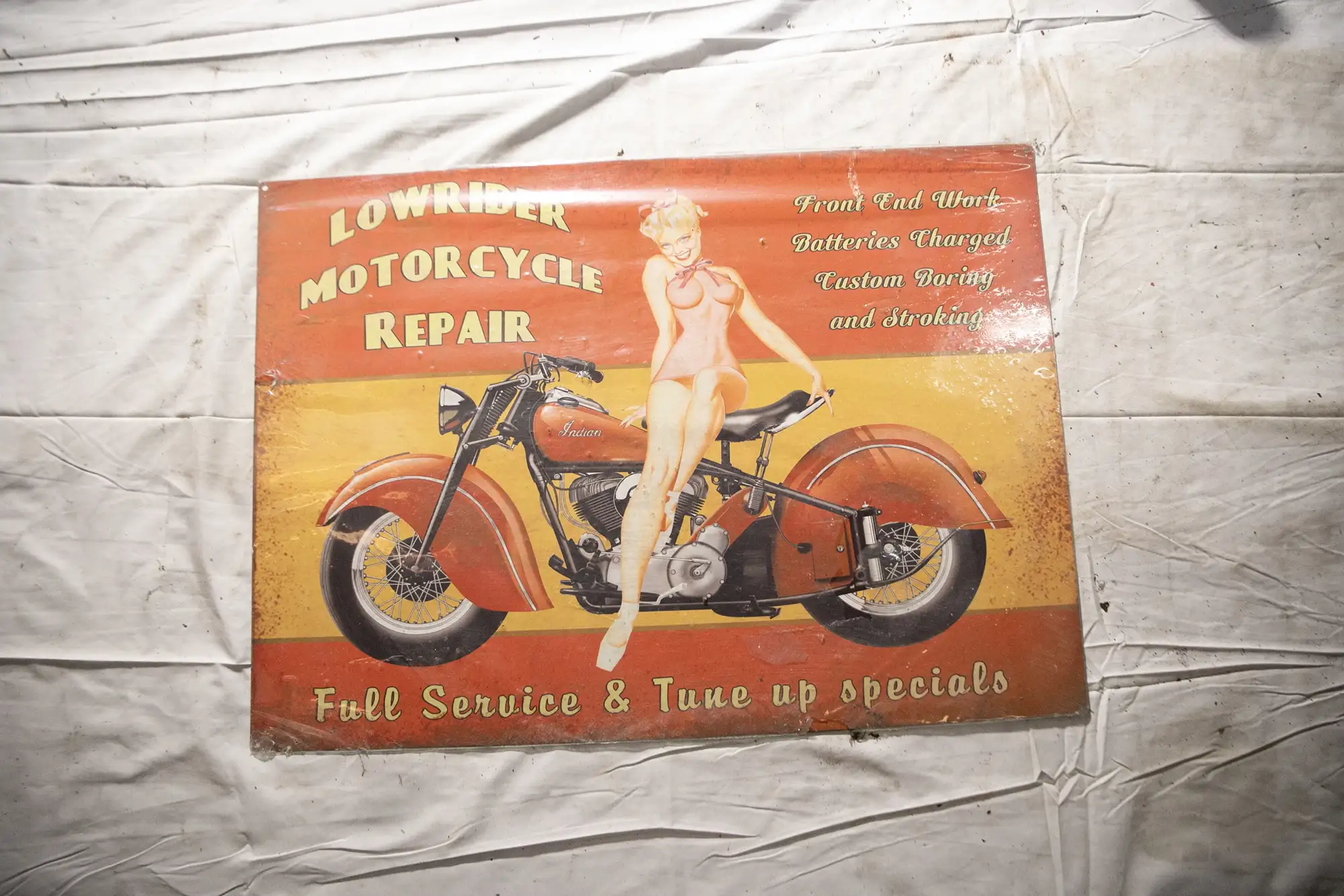 Indian Lowrider Motorcycle Repair Pinup Enamel Sign-For Sale