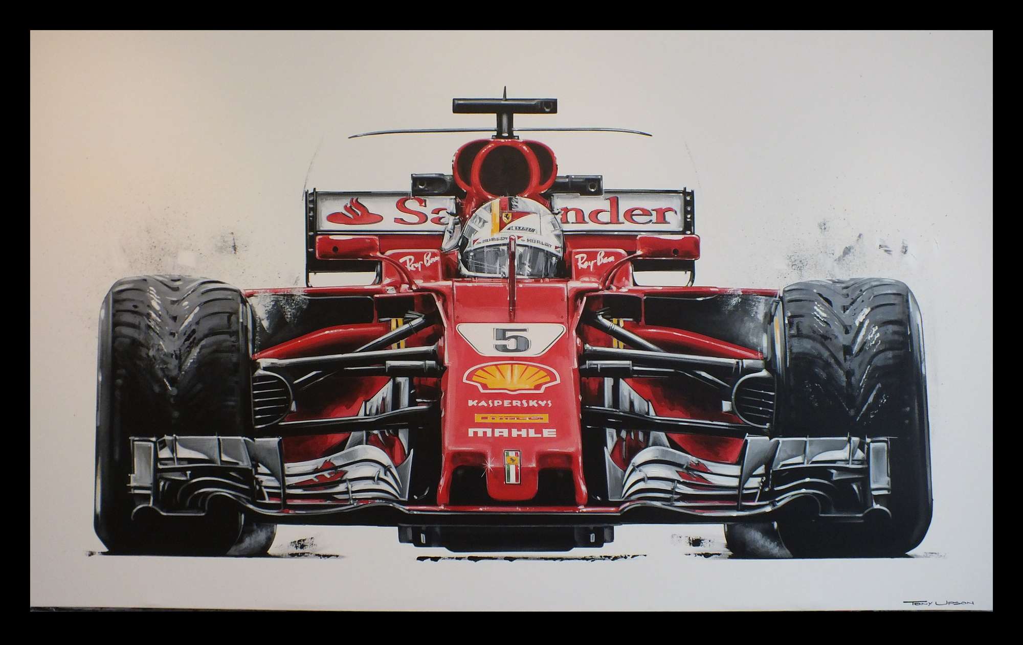 'Vettel on wets'. Ferrari painting by Tony Upson.-Sold