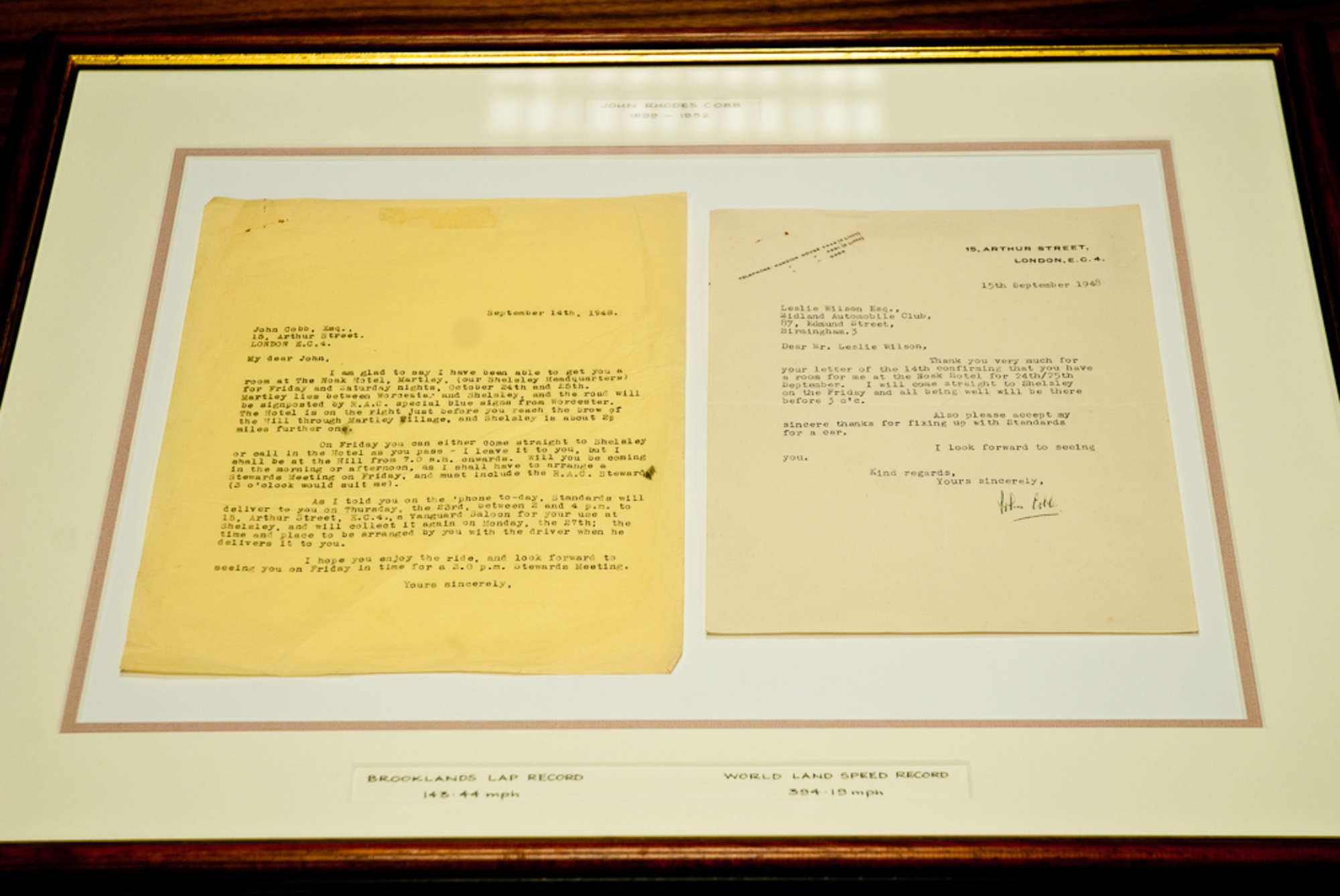 John Cobb framed letter-Sold