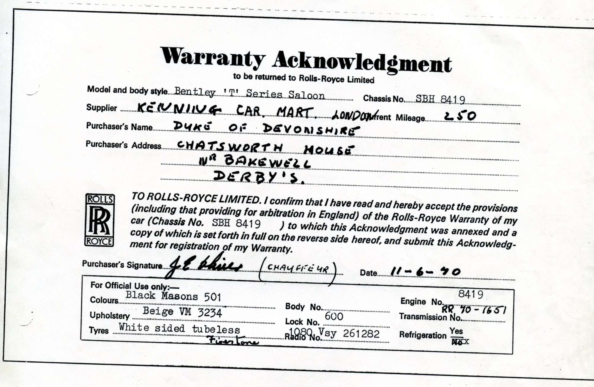 1970 Bentley T1 Ex Duke of Devonshire-Auction Lot