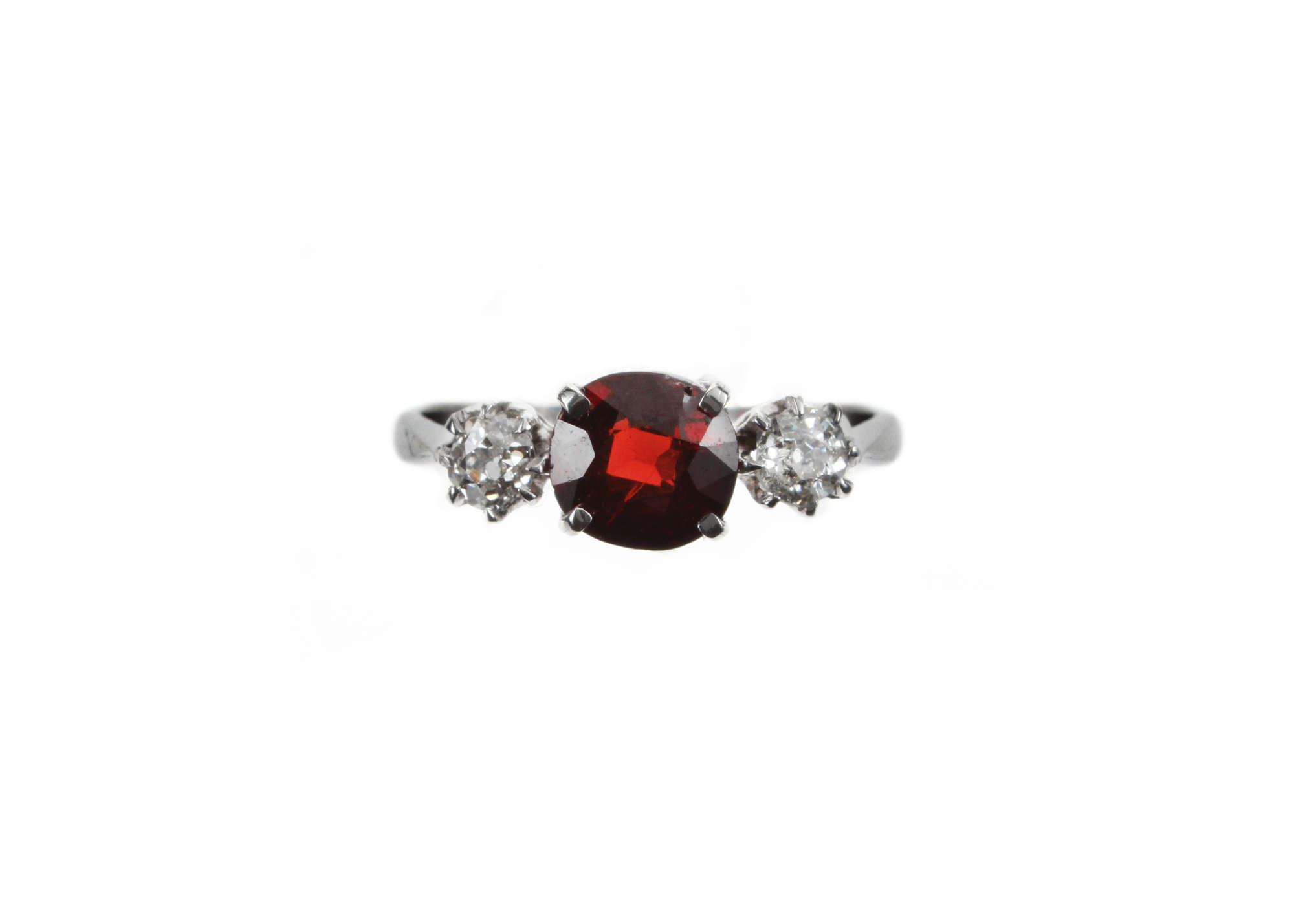 DIAMOND and GARNET 3 STONE RING.-Auction Lot