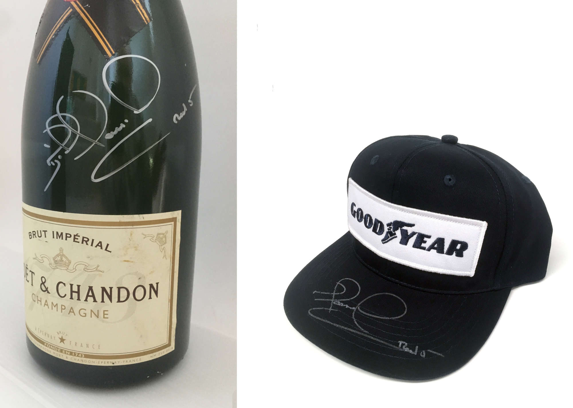 Nigel Mansell CBE Goodyear cap and Champagne.-Sold