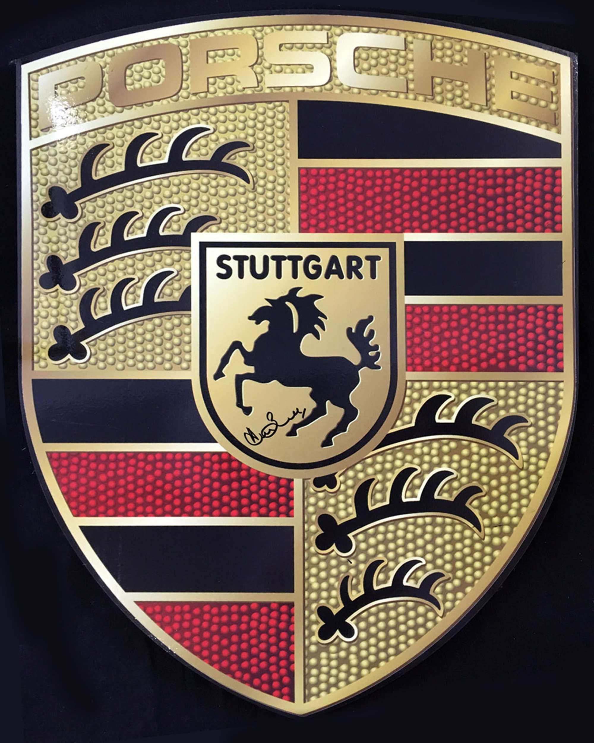 Porsche Shield Garage Sign, signed Derek Bell MBE-Sold