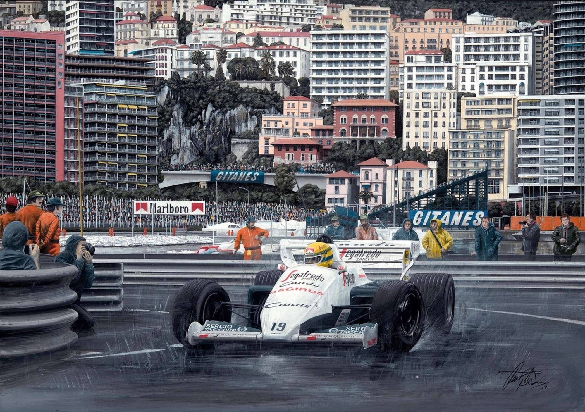 Ayrton at Monaco in 1984.  Artist-signed.-Sold