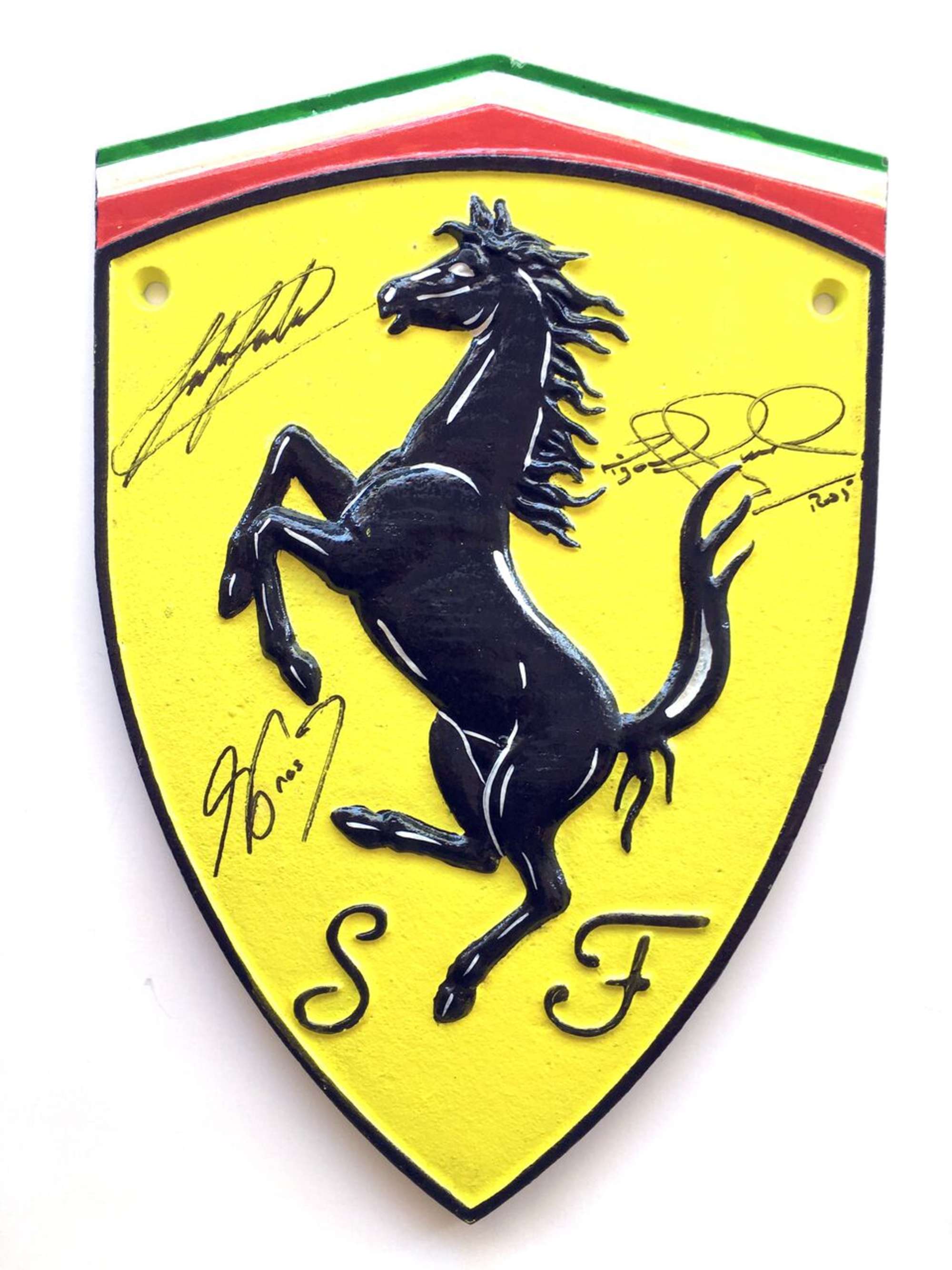 Ferrari metal shield, signed Surtees, Mansell, Prost-Sold