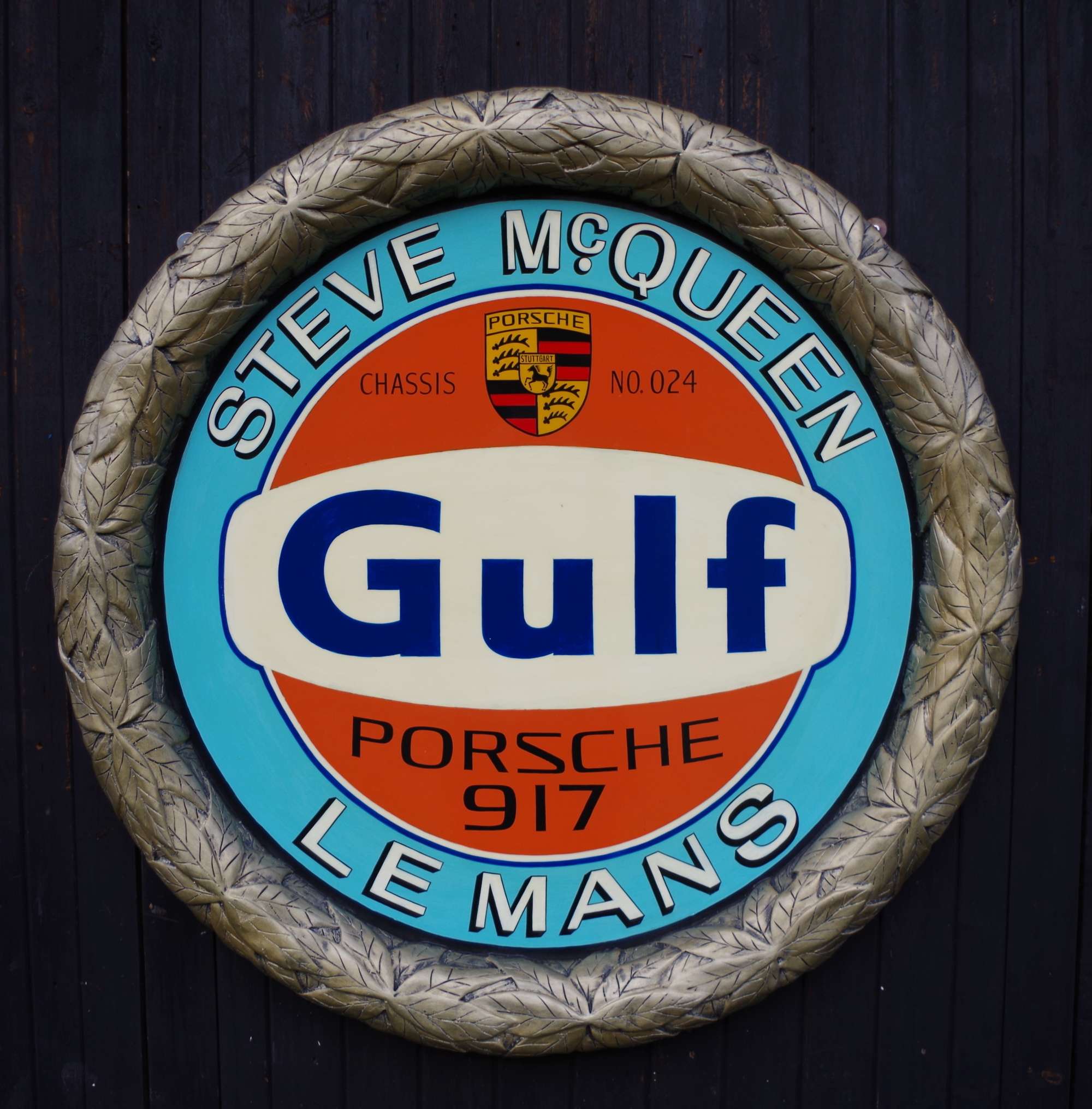 Laurel leaf framed Porsche/Gulf plaque-Sold