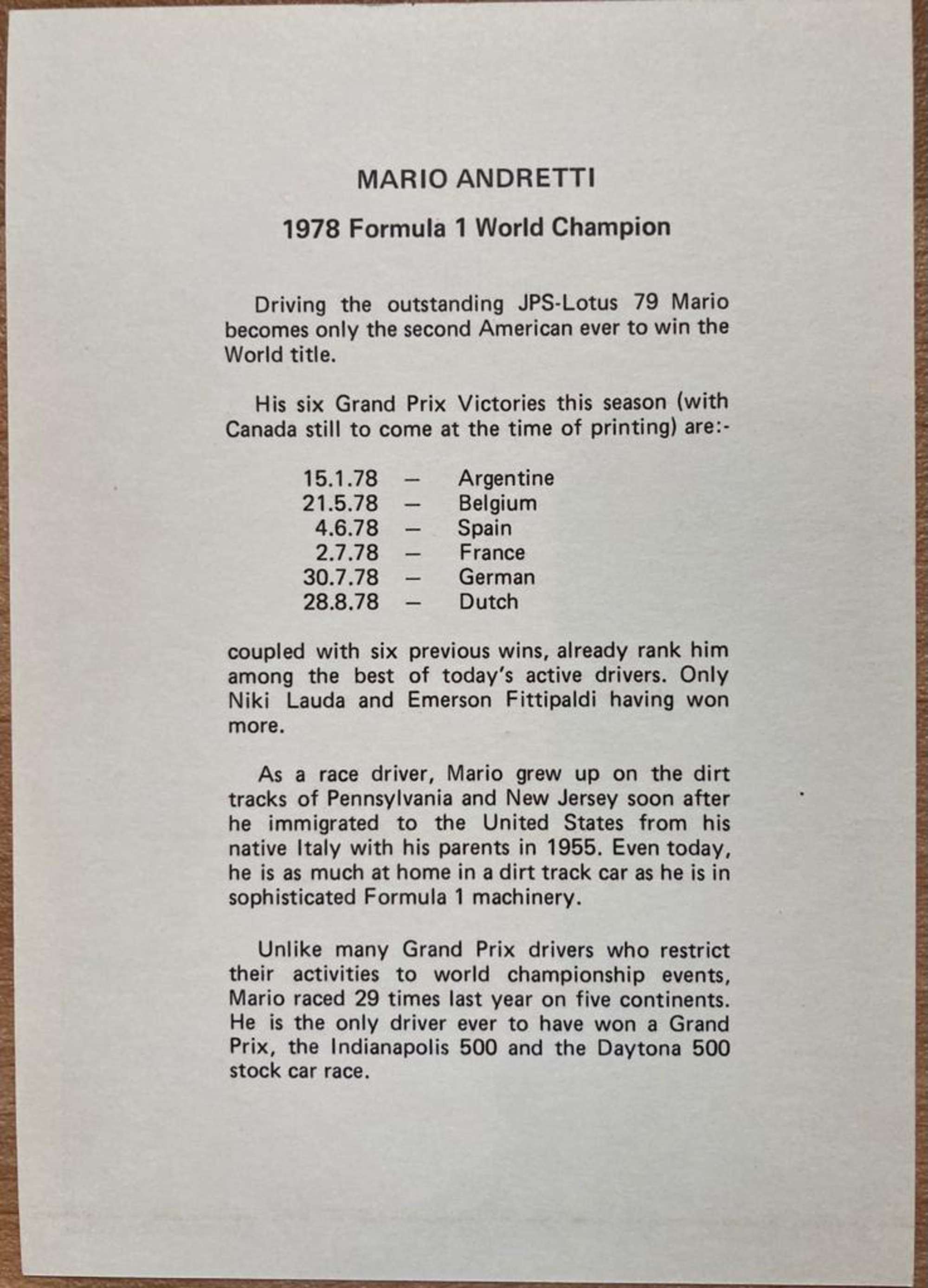 Goodyear postcard signed by Mario Andretti -Sold