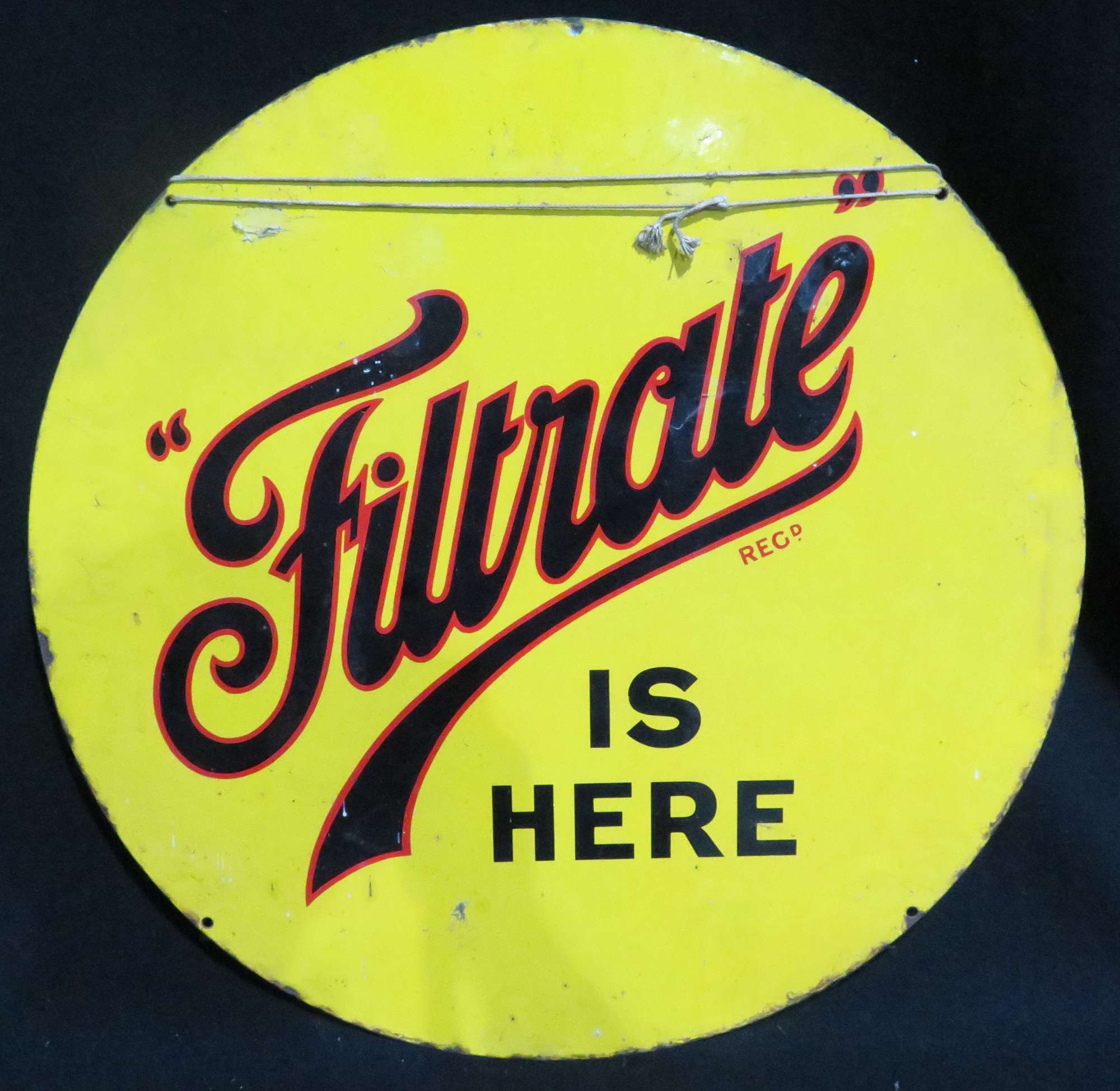 Original Filtrate Circular Enamelled Steel Sign -Sold