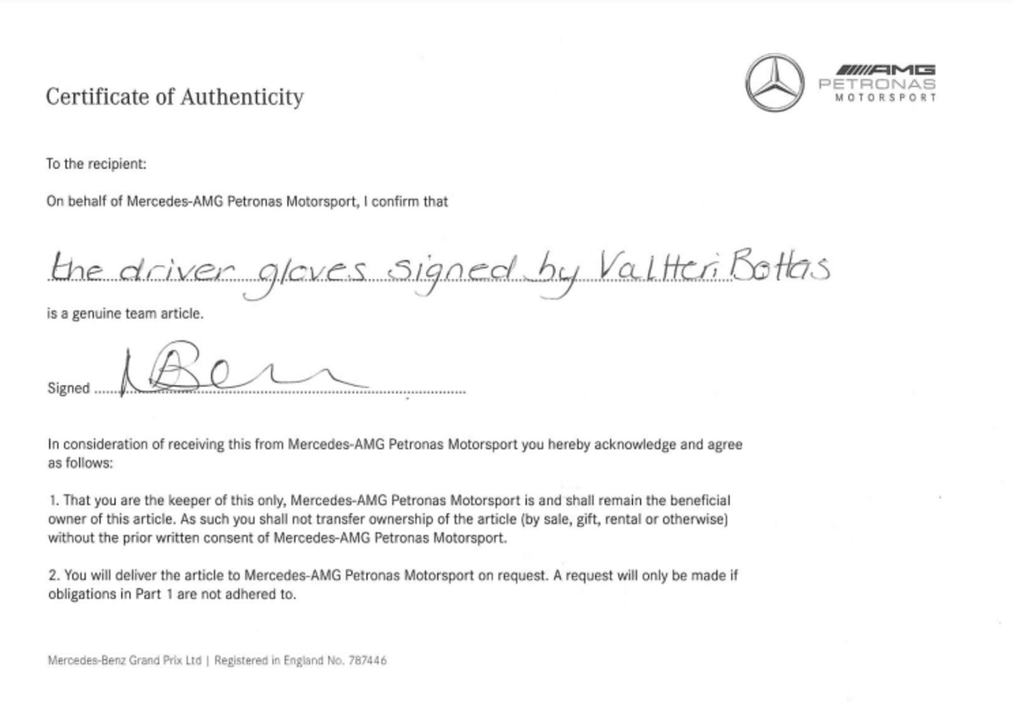 Charity Lot: A Pair of Used Driver's Gloves Signed by Valtte-Sold