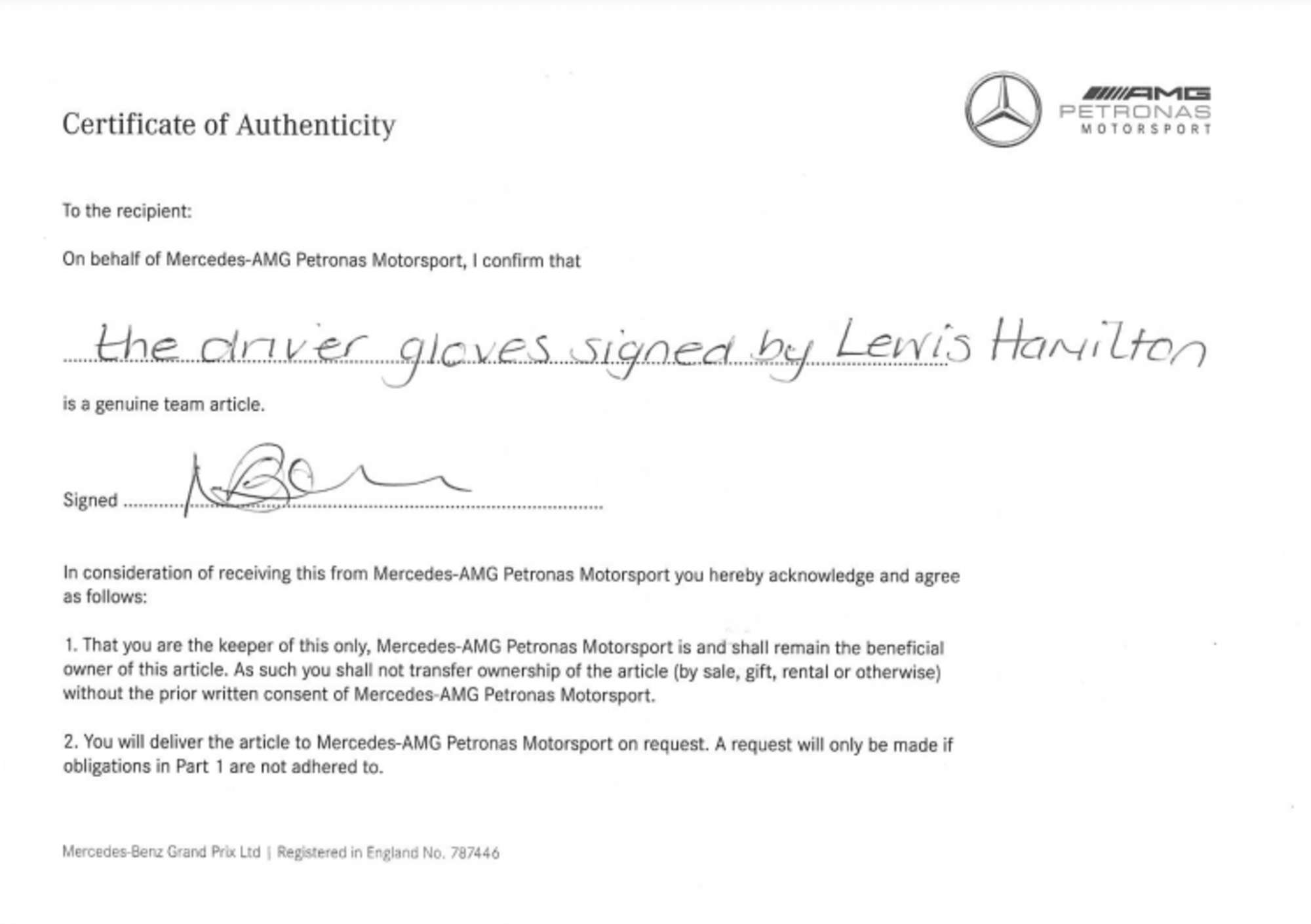 Charity Lot: A Pair of Used Driver's Gloves Signed by Lewis -Sold