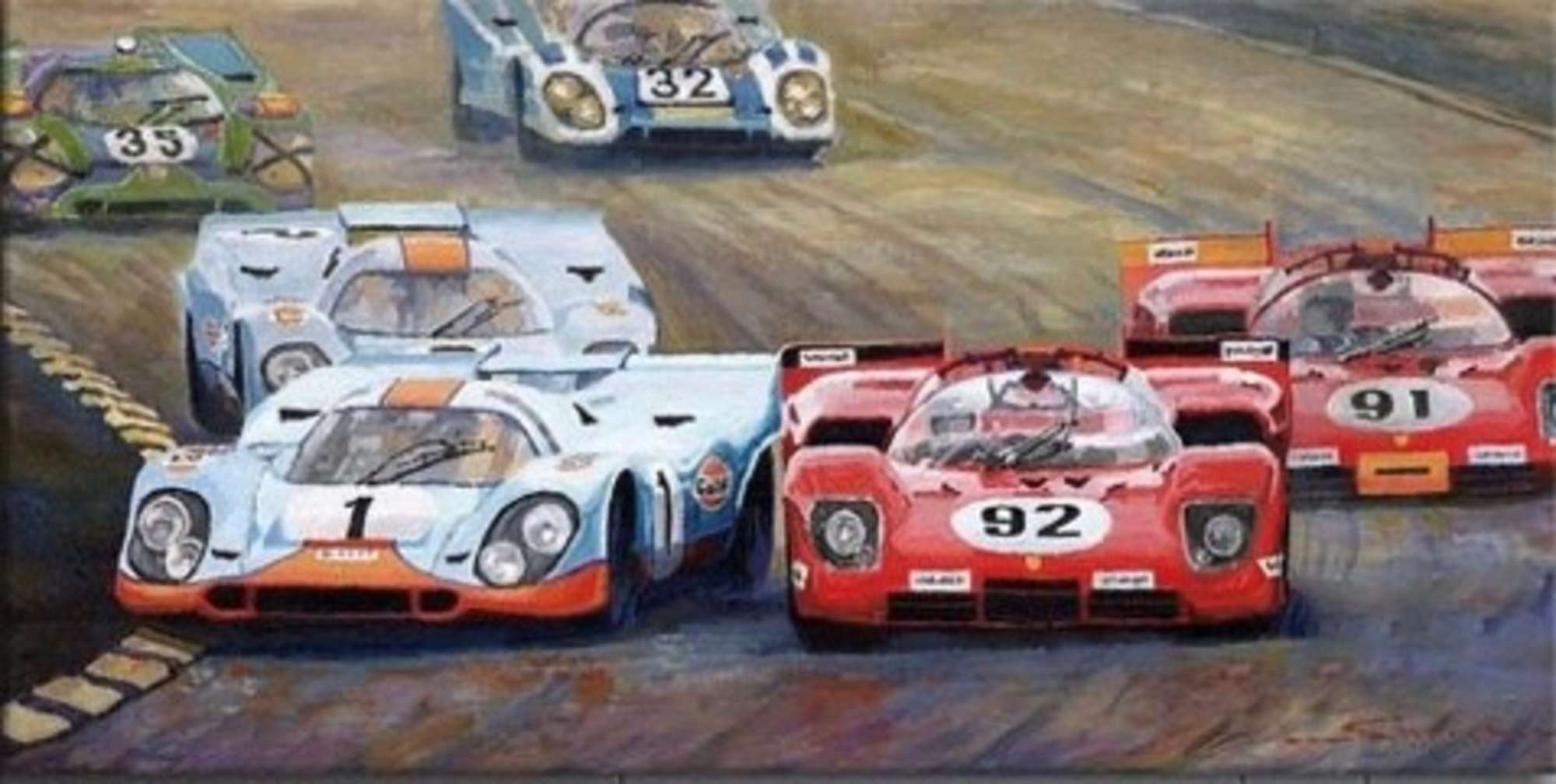 A large and impressive stretch canvas 'Ferrari versus Porsch-Sold