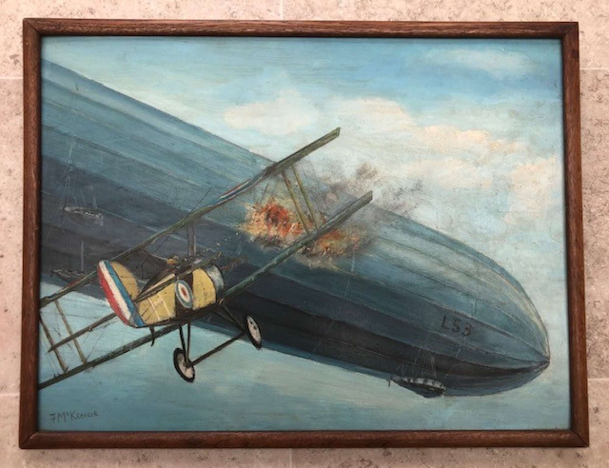 Sopwith Camel biplane attacking the WWI Zeppelin Airship L53-Sold