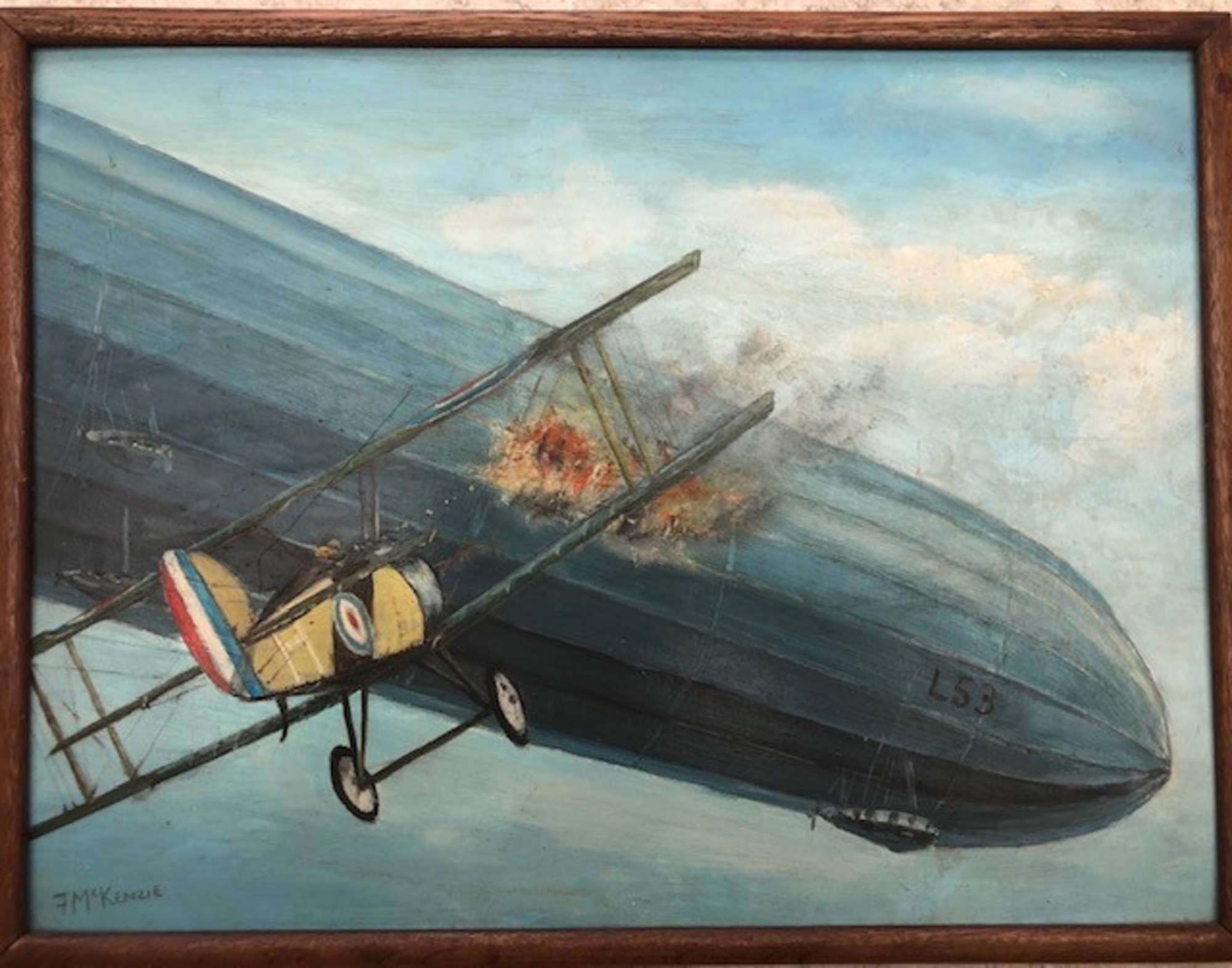 Sopwith Camel biplane attacking the WWI Zeppelin Airship L53-Sold