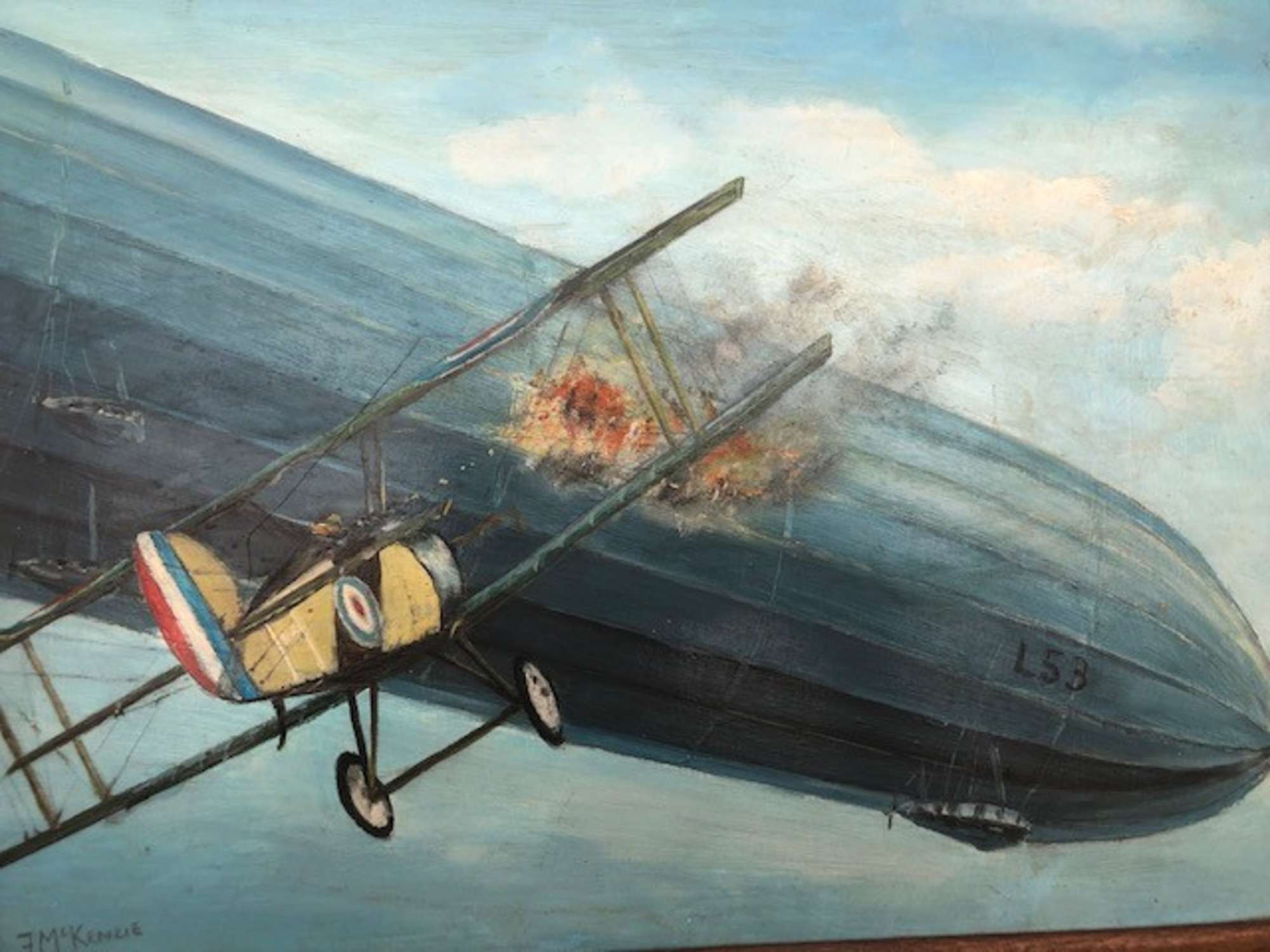 Sopwith Camel biplane attacking the WWI Zeppelin Airship L53-Sold