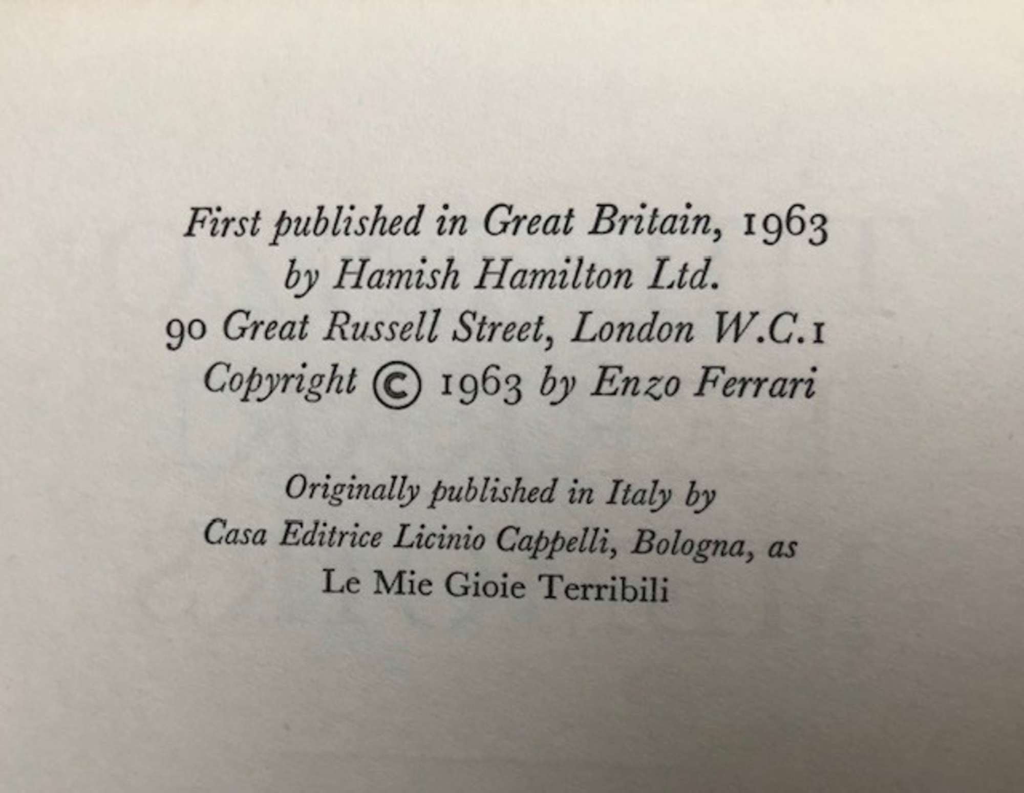 Book; 'My Terrible Joys.' The Enzo Ferrari Memoirs. -Sold