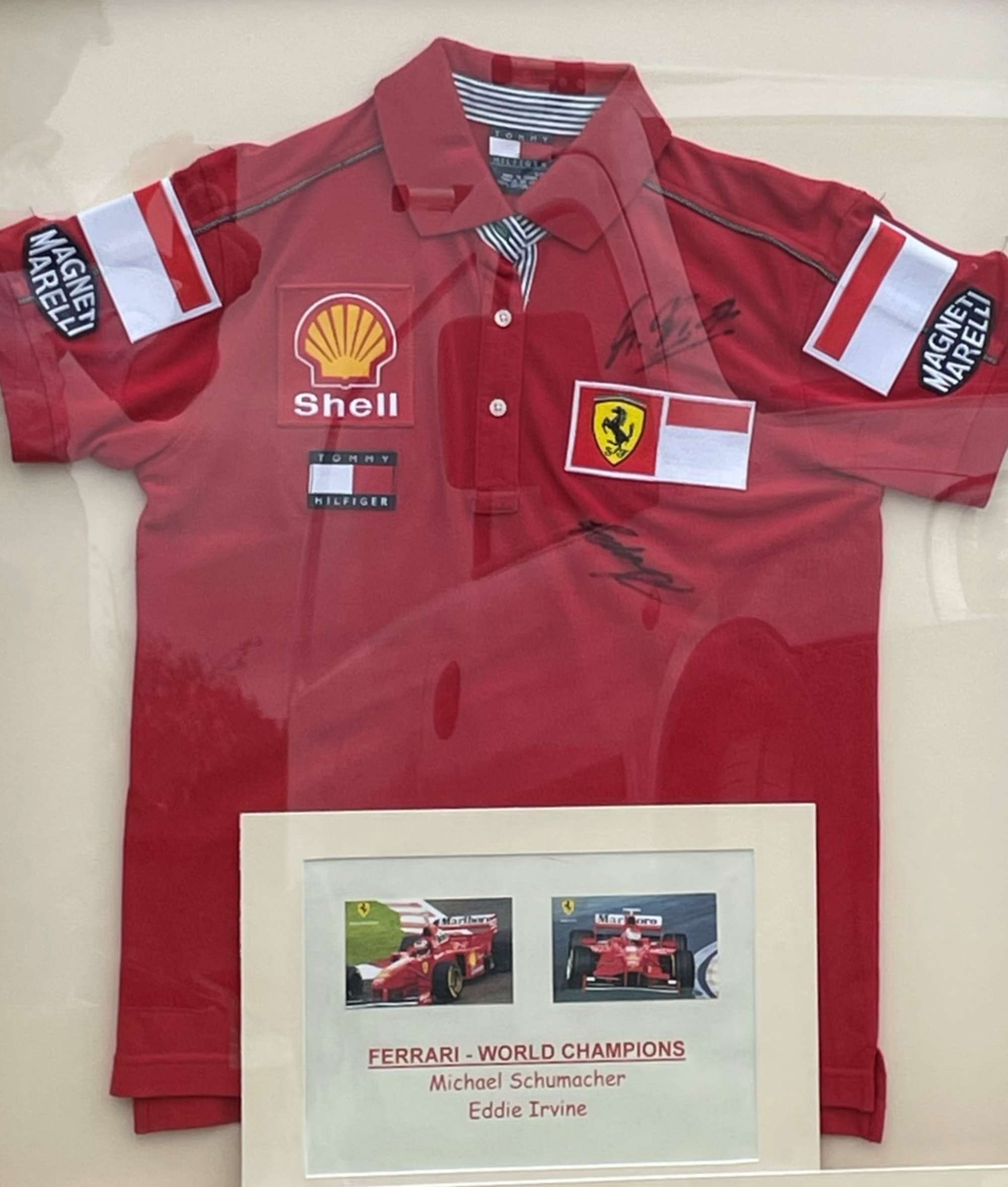 Ferrari Polo Shirt Signed by Michael Schumacher and Eddie Ir-Sold