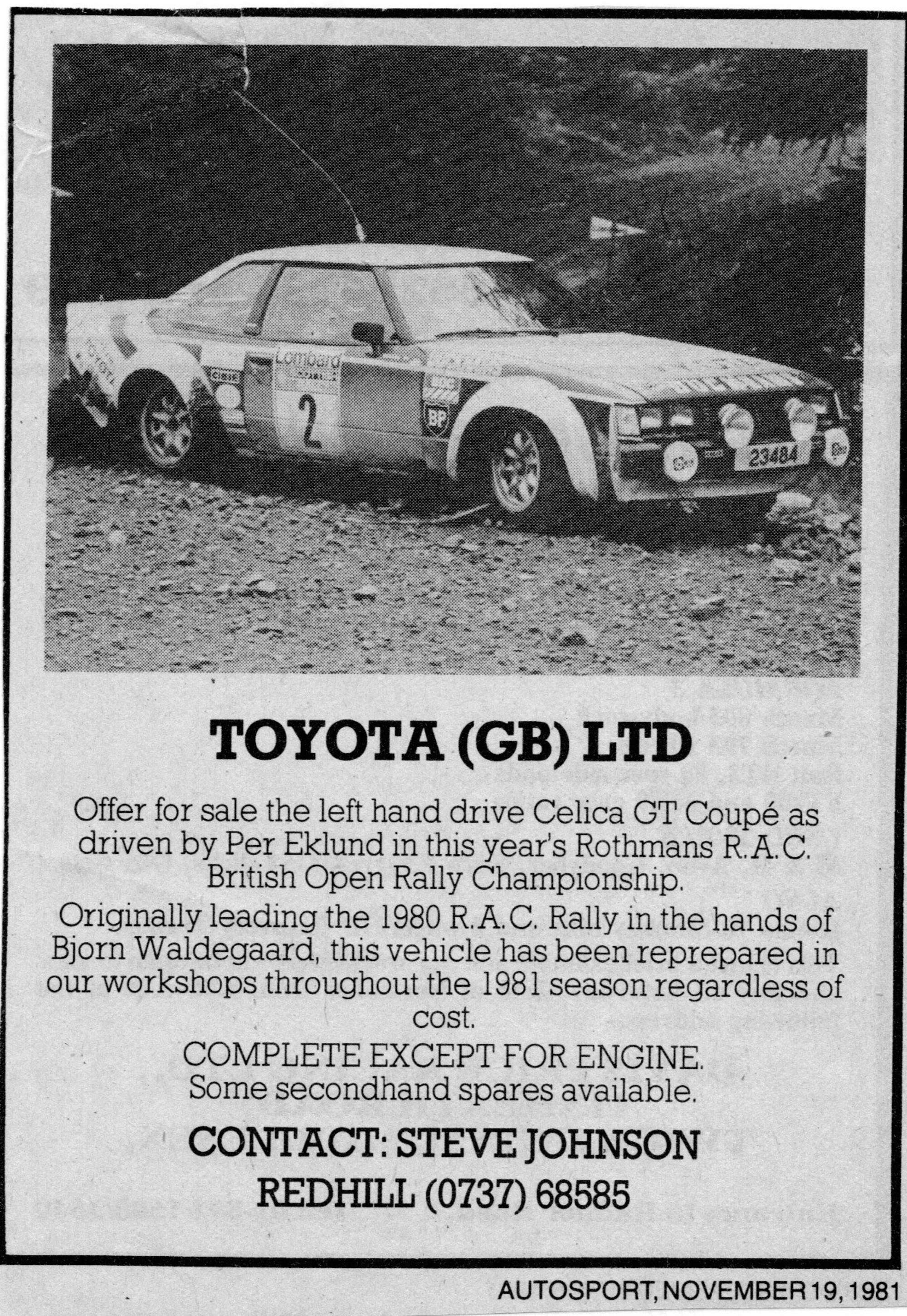 1979 Toyota Celica GT RA40 Group 4 Ex-Works WRC Rally Car - -Sold