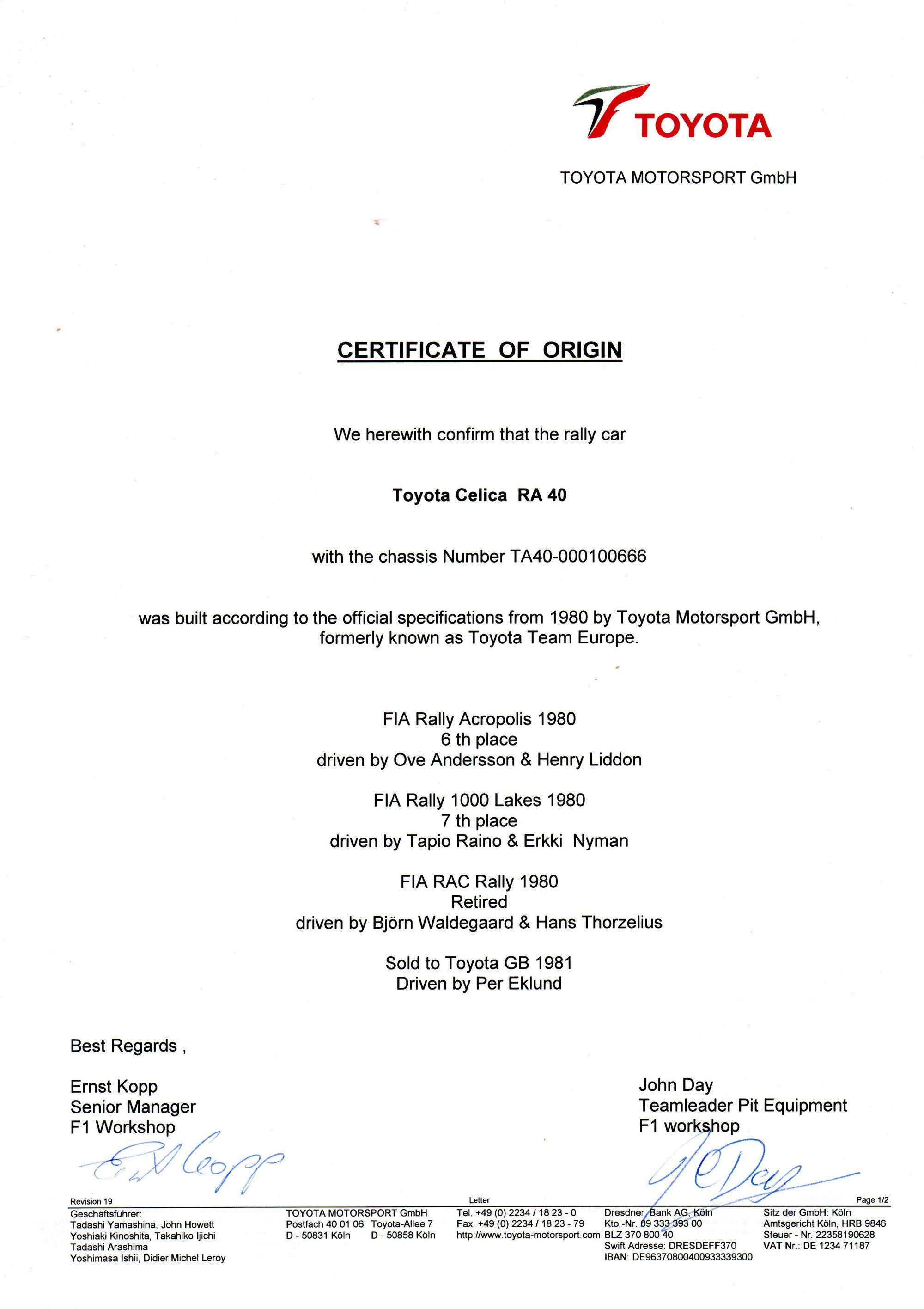 1979 Toyota Celica GT RA40 Group 4 Ex-Works WRC Rally Car - -Sold