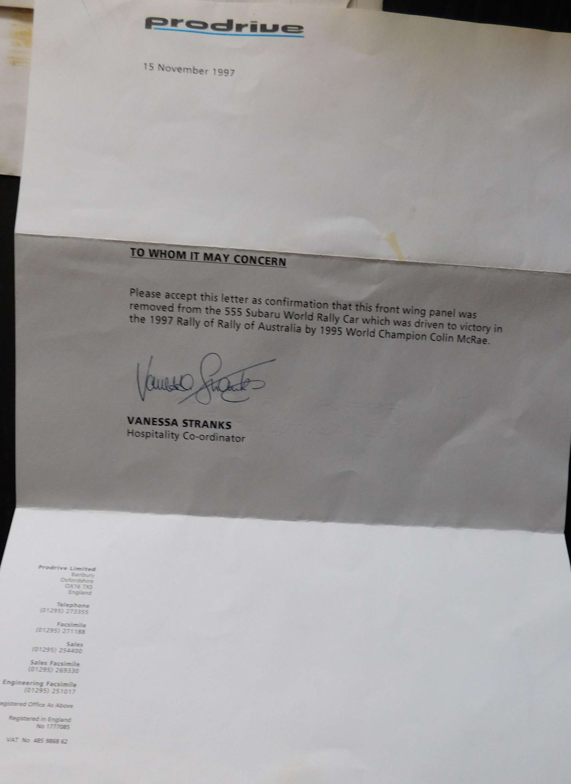 Colin McRae 1997 Subaru Impreza WRC Australian Rally Front Wing with Letter of Authenticity