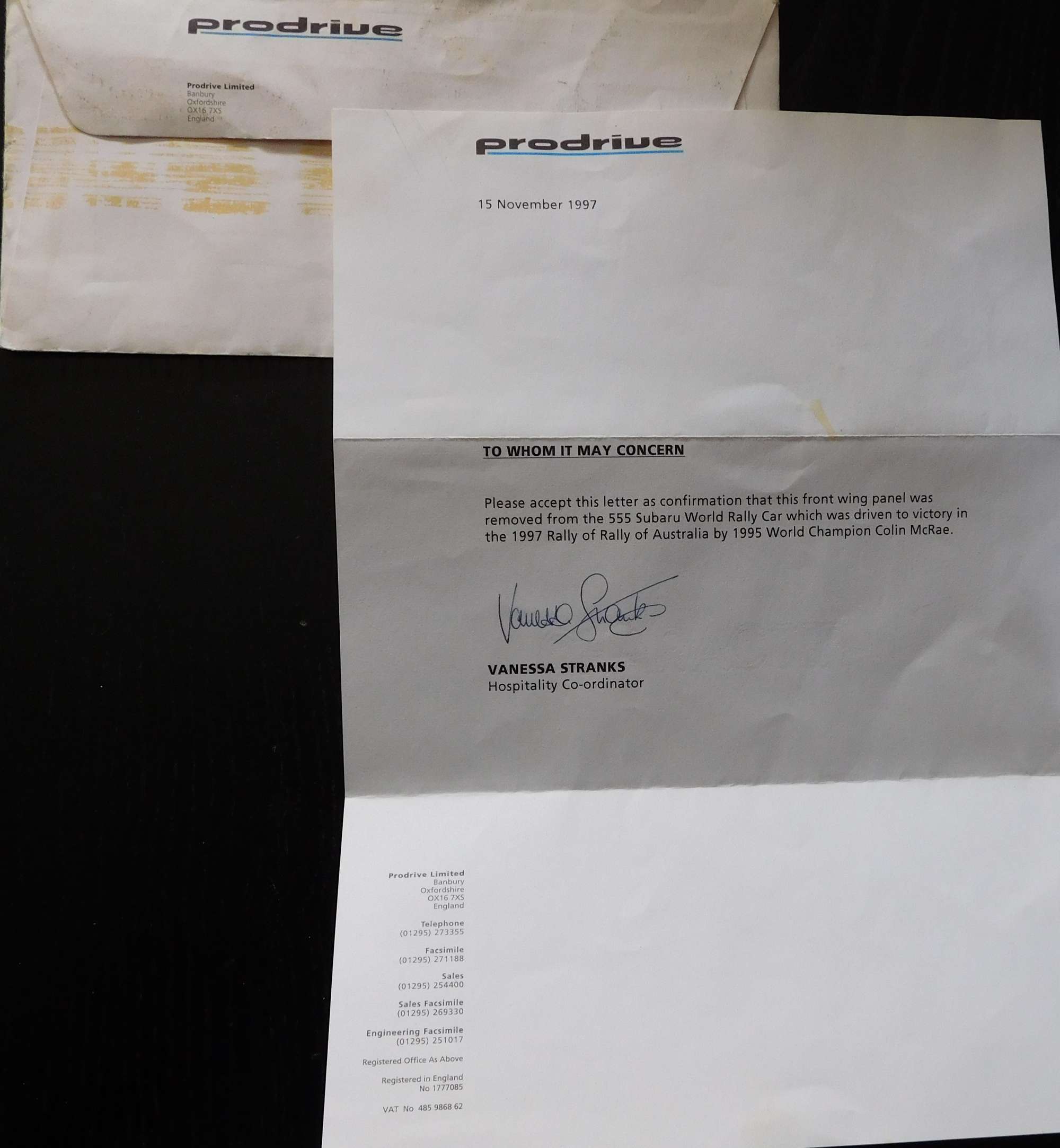 Colin McRae 1997 Subaru Impreza WRC Australian Rally Front Wing with Letter of Authenticity