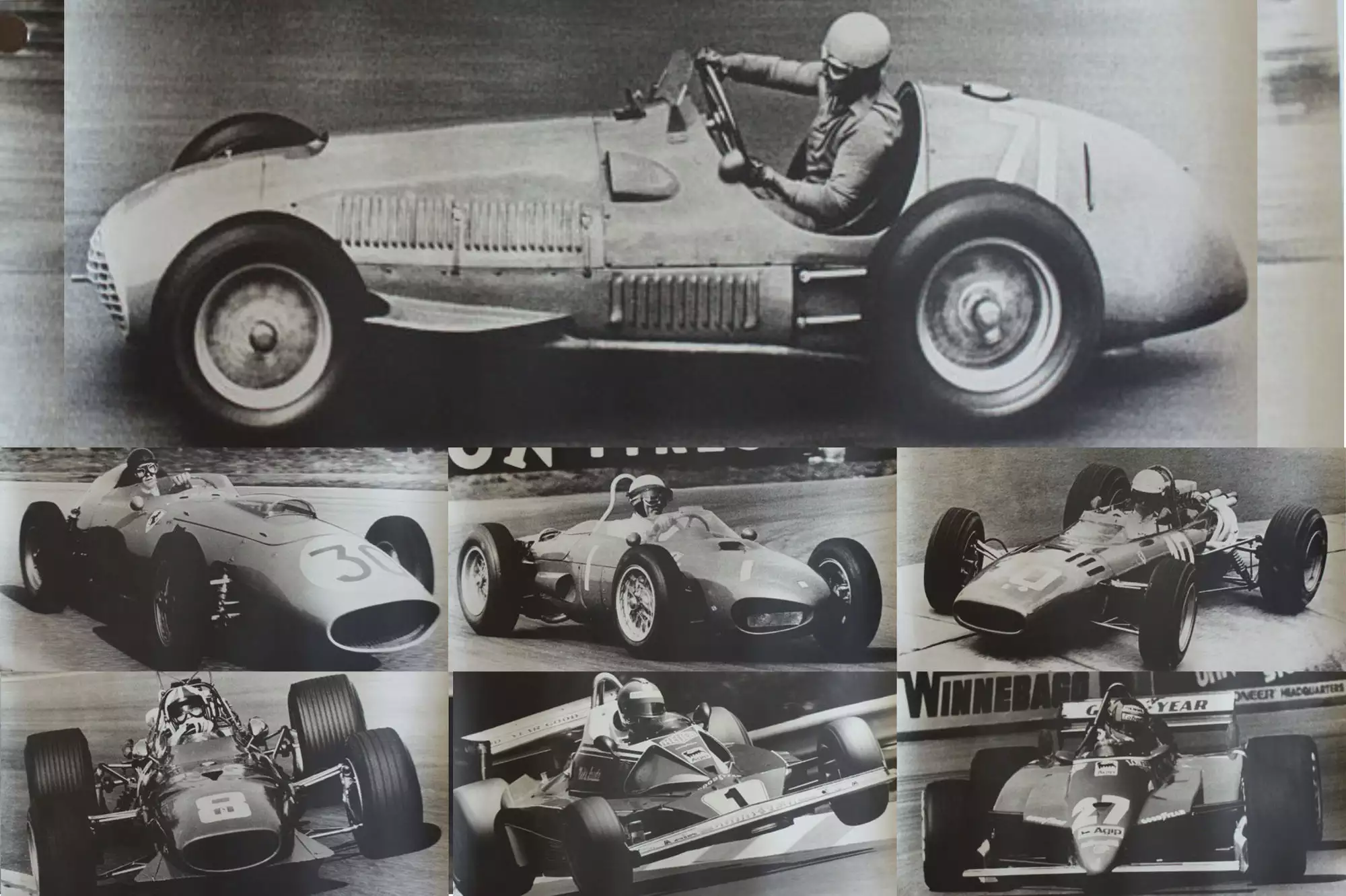 Seven Large Format Photographic Prints of Grand Prix Ferraris Through the Years