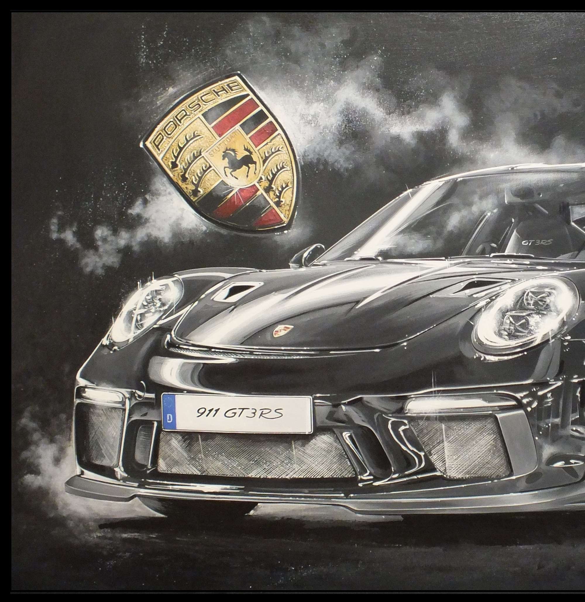 Black 991 GT3 Rennsport. Original Artwork by Tony Upson