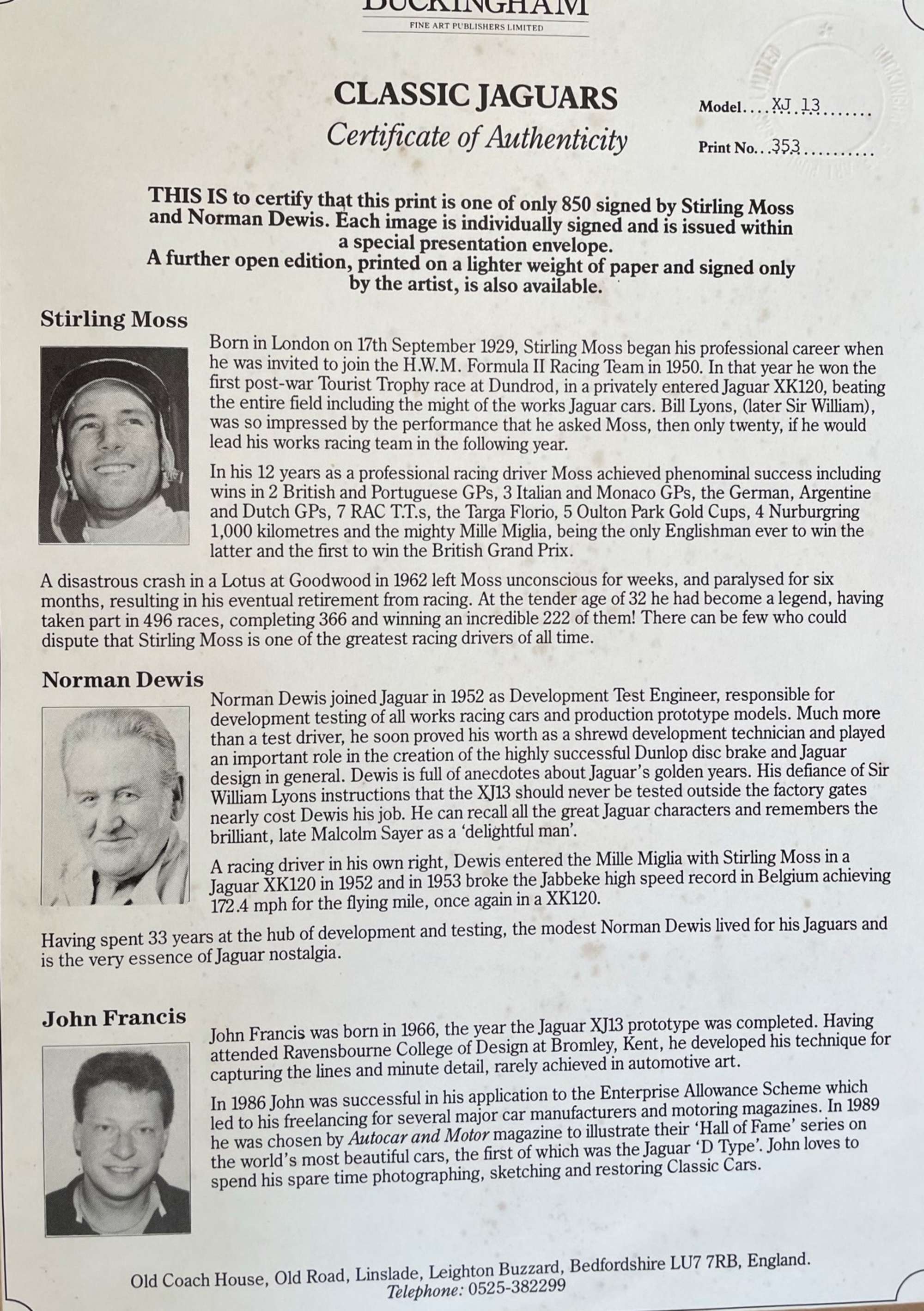 Jaguar XJ13, E-Type and D-Type Limited Edition Signed Prints