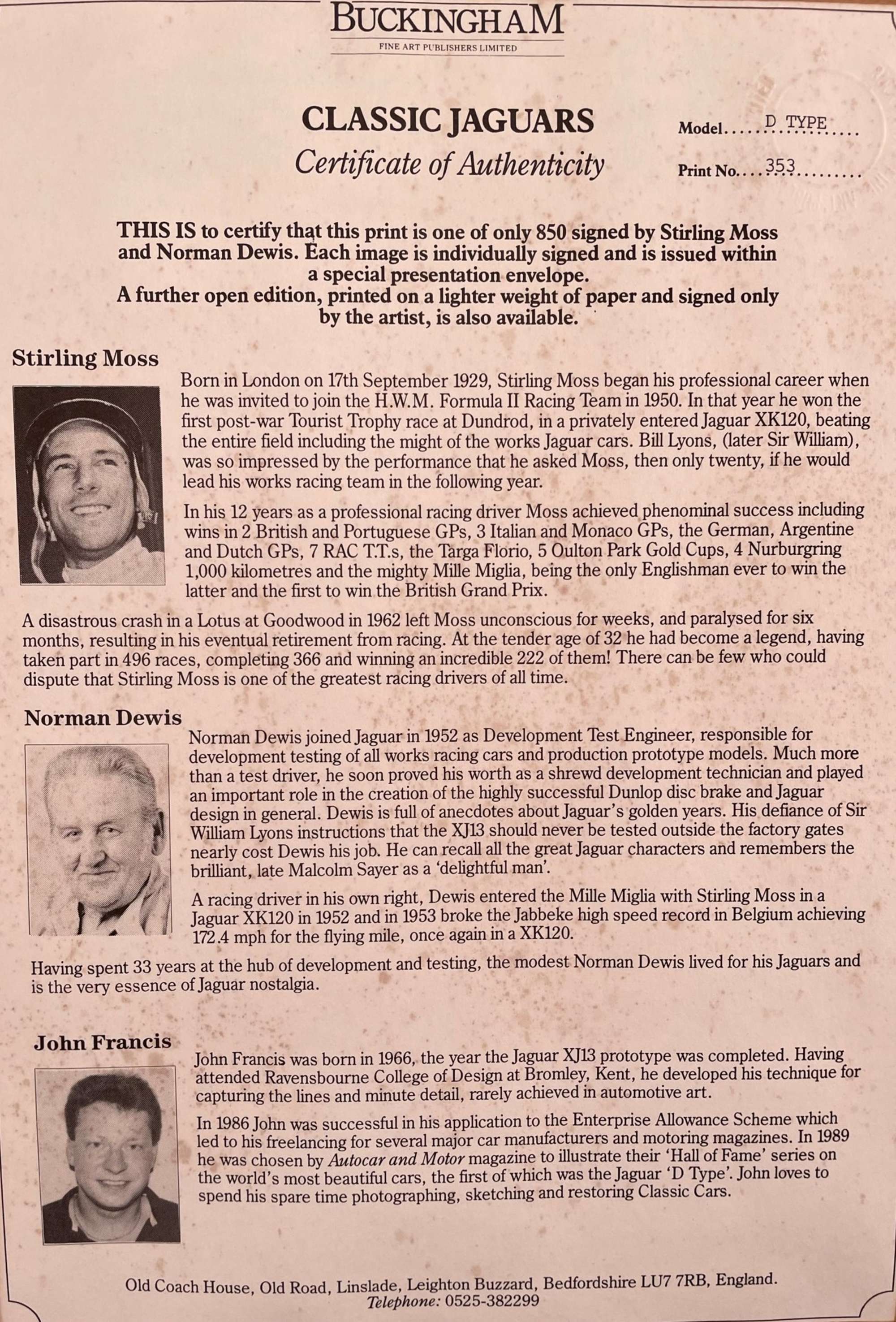 Jaguar XJ13, E-Type and D-Type Limited Edition Signed Prints