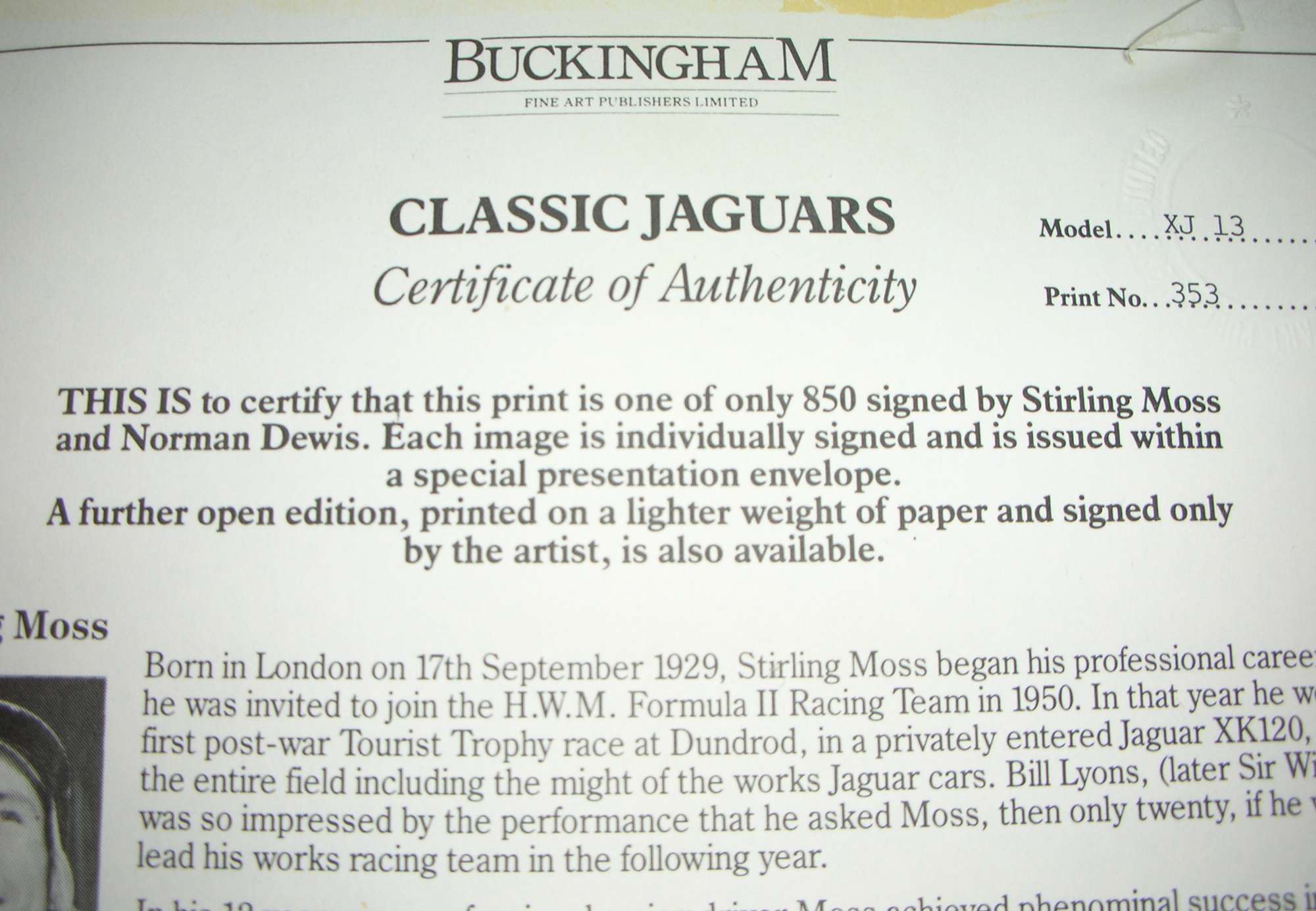 Jaguar XJ13, E-Type and D-Type Limited Edition Signed Prints