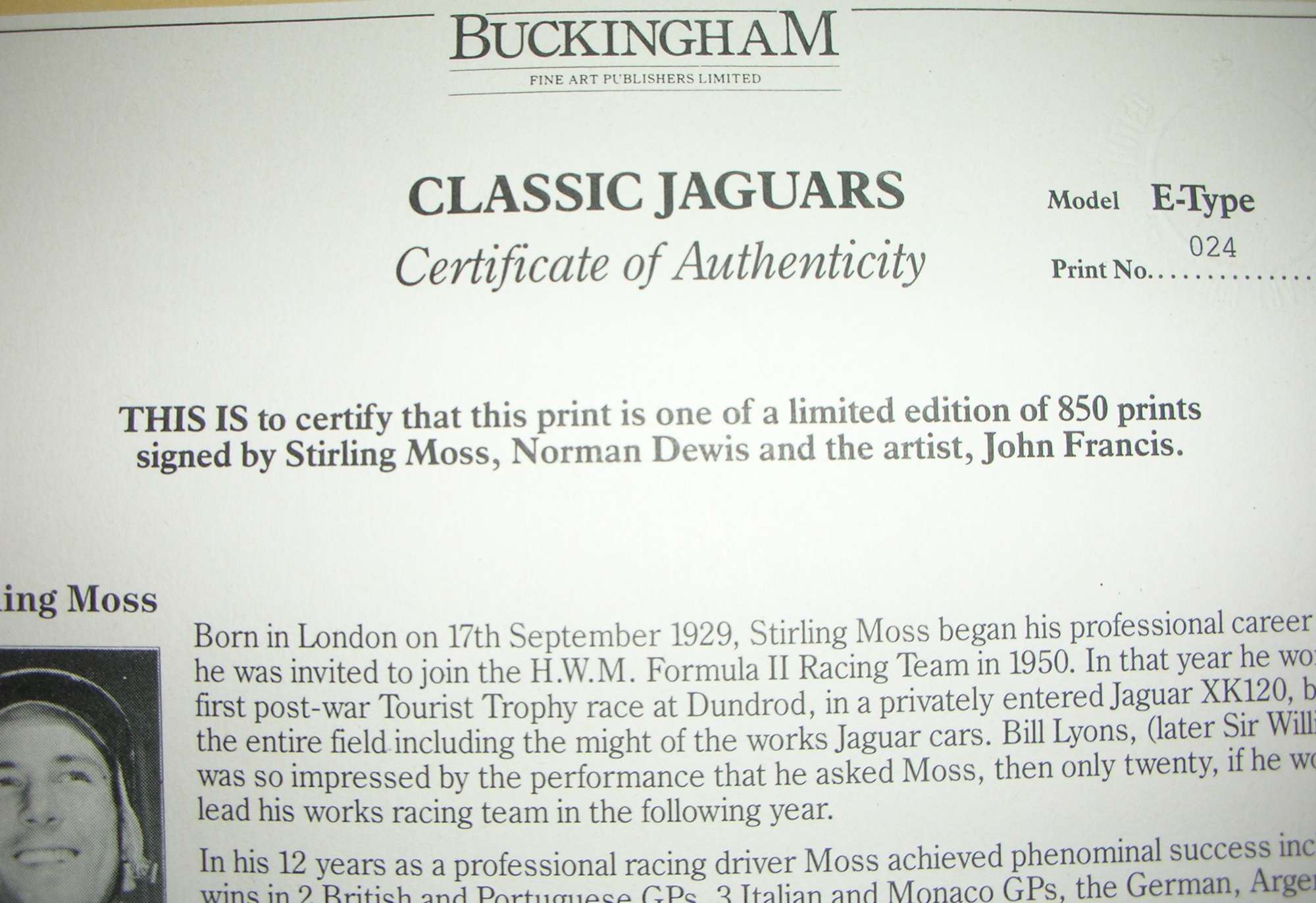 Jaguar XJ13, E-Type and D-Type Limited Edition Signed Prints