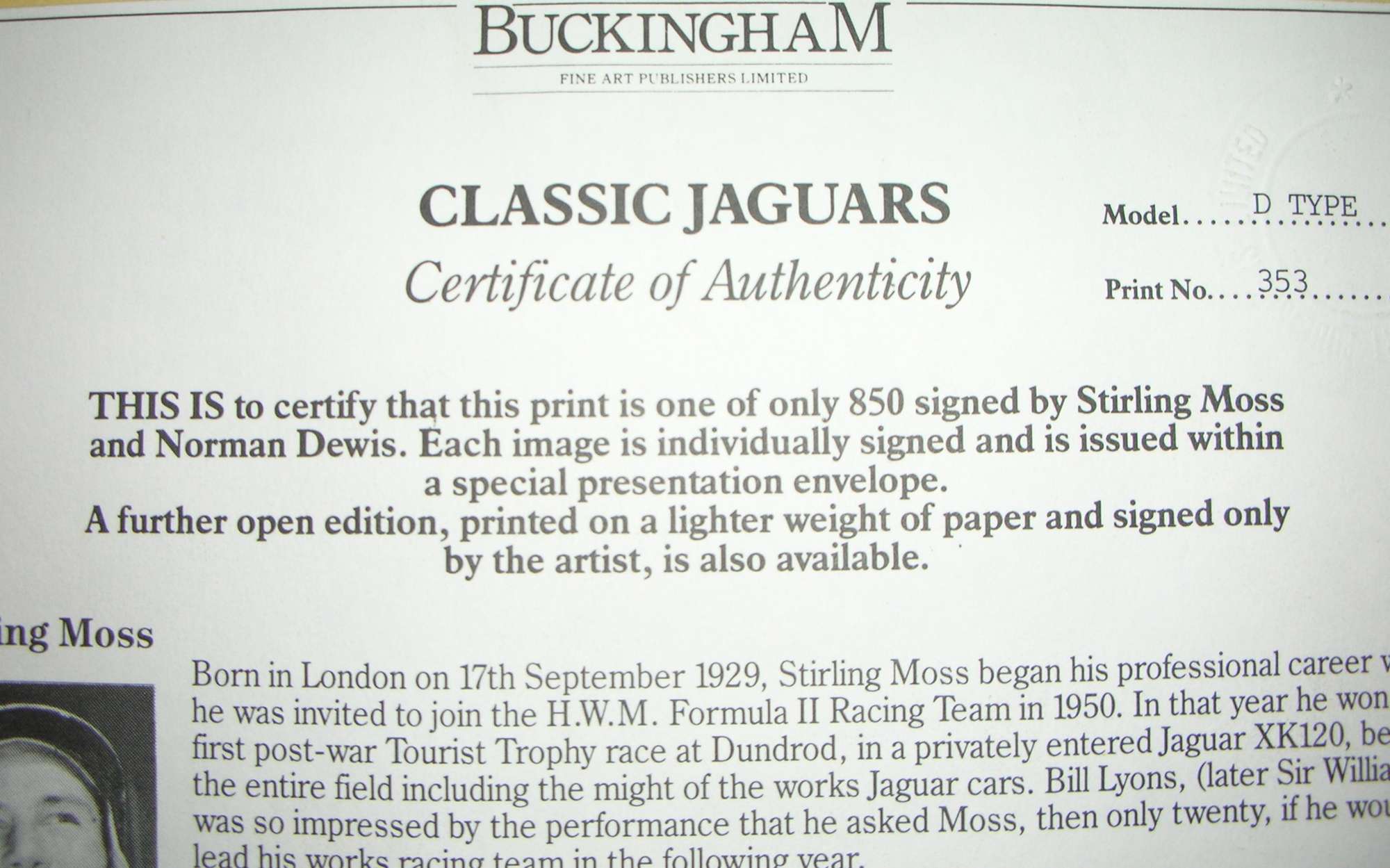 Jaguar XJ13, E-Type and D-Type Limited Edition Signed Prints