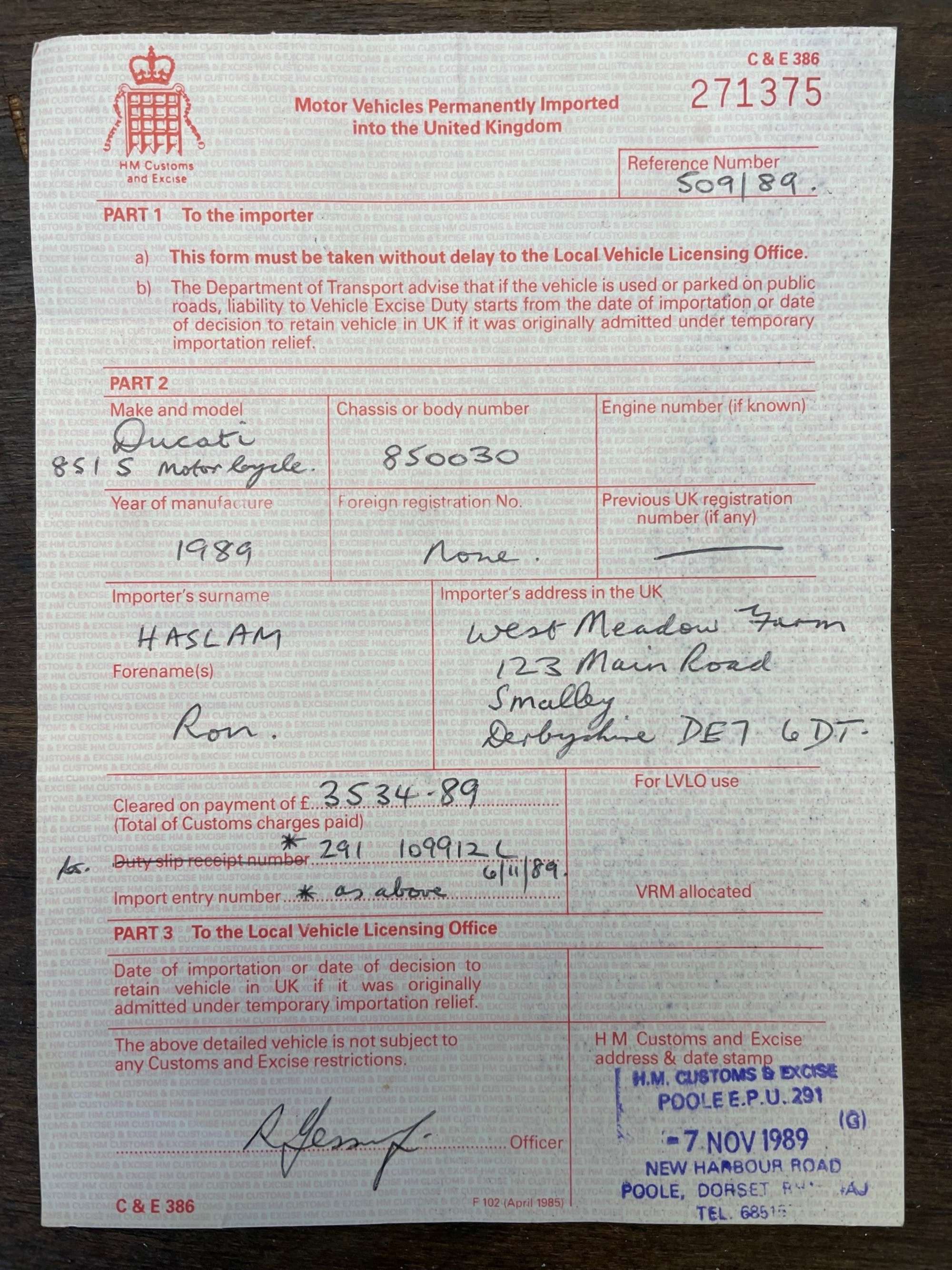 1988 Ducati 851S Kit Bike Tricolore 888cc-For Sale