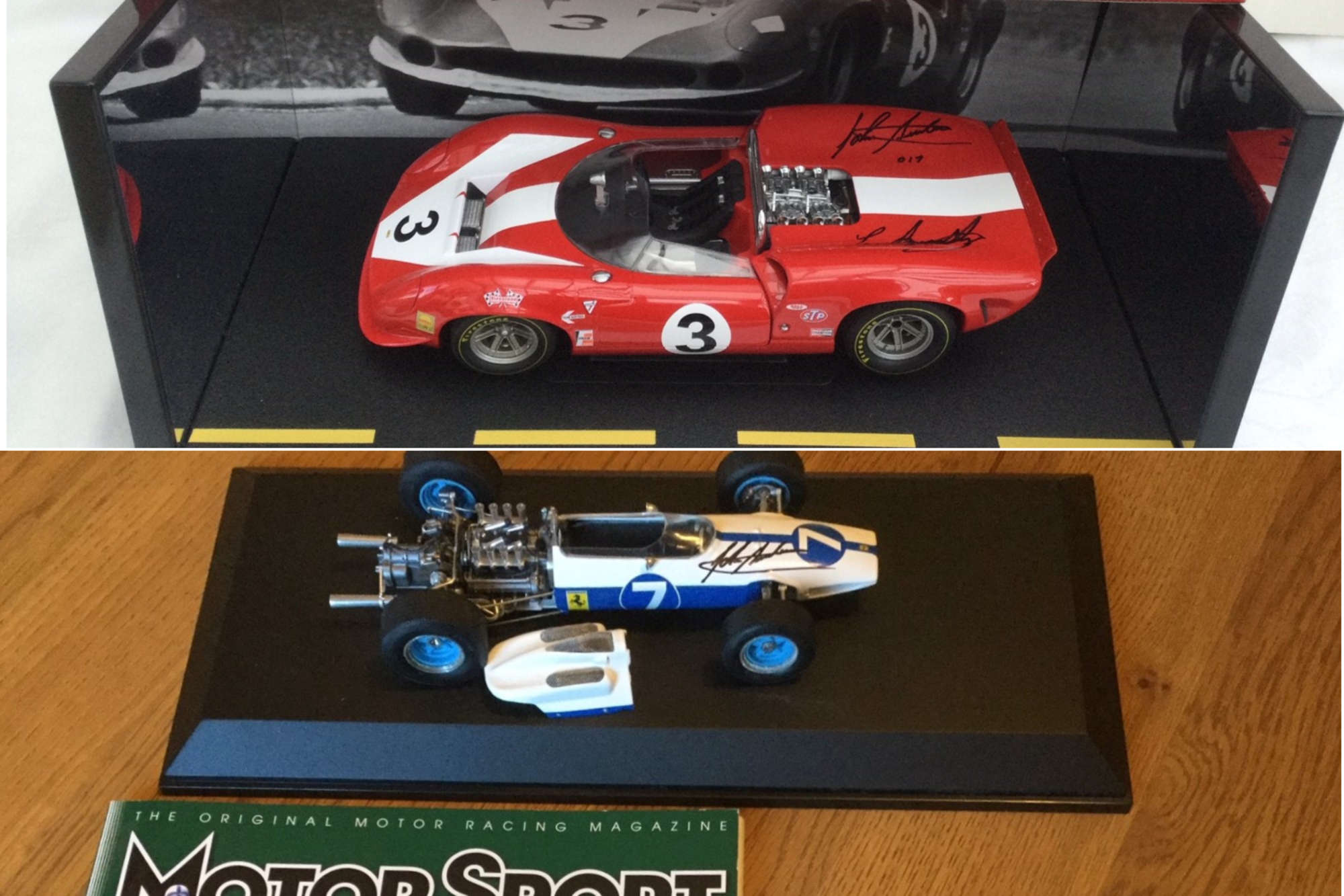 John Surtees CBE Signed Scale Model Duo: Can Am Lola T70 & NART Ferrari 158