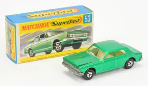 Matchbox Superfast 53a Ford Zodiac - metallic emerald green body with high arches, clear windows, ivory interior, bare metal base, 5-spoke wide wheels - Excell