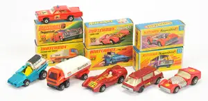 Matchbox Superfast group of early 1970's issue Cars t include 19b Road Dragster - darker red body, vertical racing number 8 labels, bare metal base; 59b Mercur