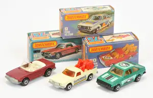 Matchbox Superfast Group (1) 6c Mercedes 350SL Convertible - dark plum body, clear windscreen, white interior, bare metal base, 5-arch wheels (2) 9c Ford Escor