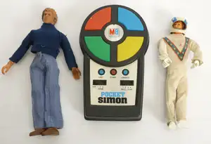 Mego & Ideal vintage figure pair, plus electronic game