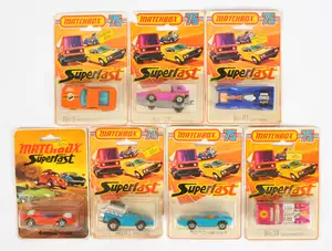 Matchbox Superfast 1970's Issue Blister Pack Group to include 4b Gruesome Twosome - orange red with purple windows; 19b Road Dragster - metallic magenta with v