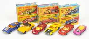 Matchbox Superfast group of Early 1970's Cars to include 6b Mercedes 350SL - yellow body with black roof, light amber windows, pale yellow interior, bare metal