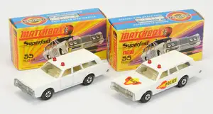 Matchbox Superfast 55b Mercury Commuter Police Car Pair (1) white body with red & yellow Police hood & door labels, clear windows, ivory interior, bare metal b