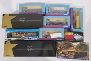 Corgi, a boxed group of mainly 1:50 scale diecast models. Including a Gold Star Special articulated lorry set, a Super Haulers “Champions of Track and Field