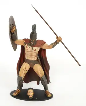 NECA 300 King Leonidas loose action figure, inspired by the 2007 motion picture, featuring blood-spattered battle deco and including accessories such as a spea