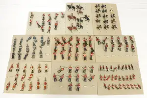 Britains or Similar - A Large Group of Line Infantry or similar Lead Figures, trayed and Strung. Includes Infantry, Cavalry, Band Members & others.
